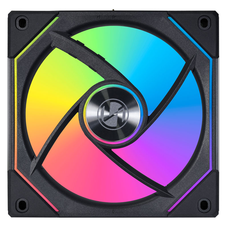 Ein Computerlüfter mit schwarzem Rahmen und regenbogenfarbenen Blättern. Die Mitte hat ein silbernes Logo. Der Rahmen hat Befestigungslöcher.