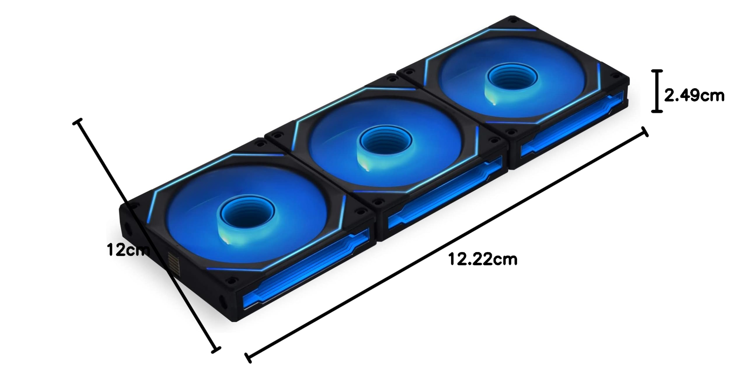 Drei schwarze Computerlüfter mit blauen LED-Leuchten werden mit Größenangaben auf weißem Hintergrund dargestellt.