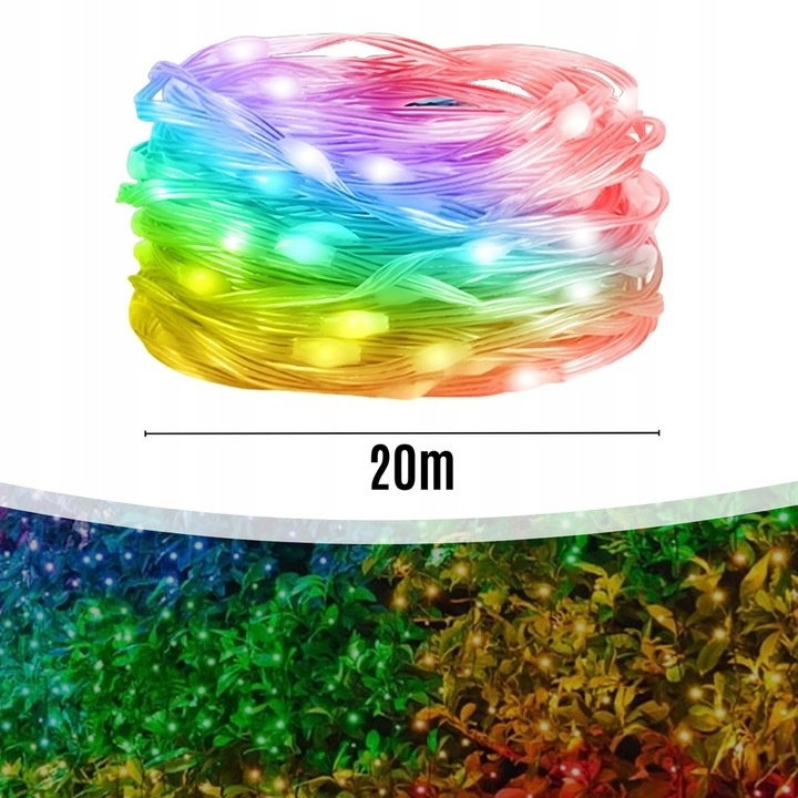 Cewka kolorowych lampek LED w tęczowych odcieniach. Poniżej rozmyty ogród z gradientami kolorów i napisem 20m.