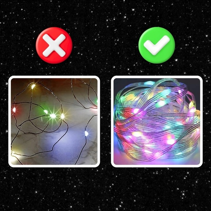 Obrazek pokazuje dwie opcje: poplątane lampki choinkowe (odrzucone) i schludnie zwinięte lampki choinkowe (zaakceptowane), z ikonami ptaszka i X.