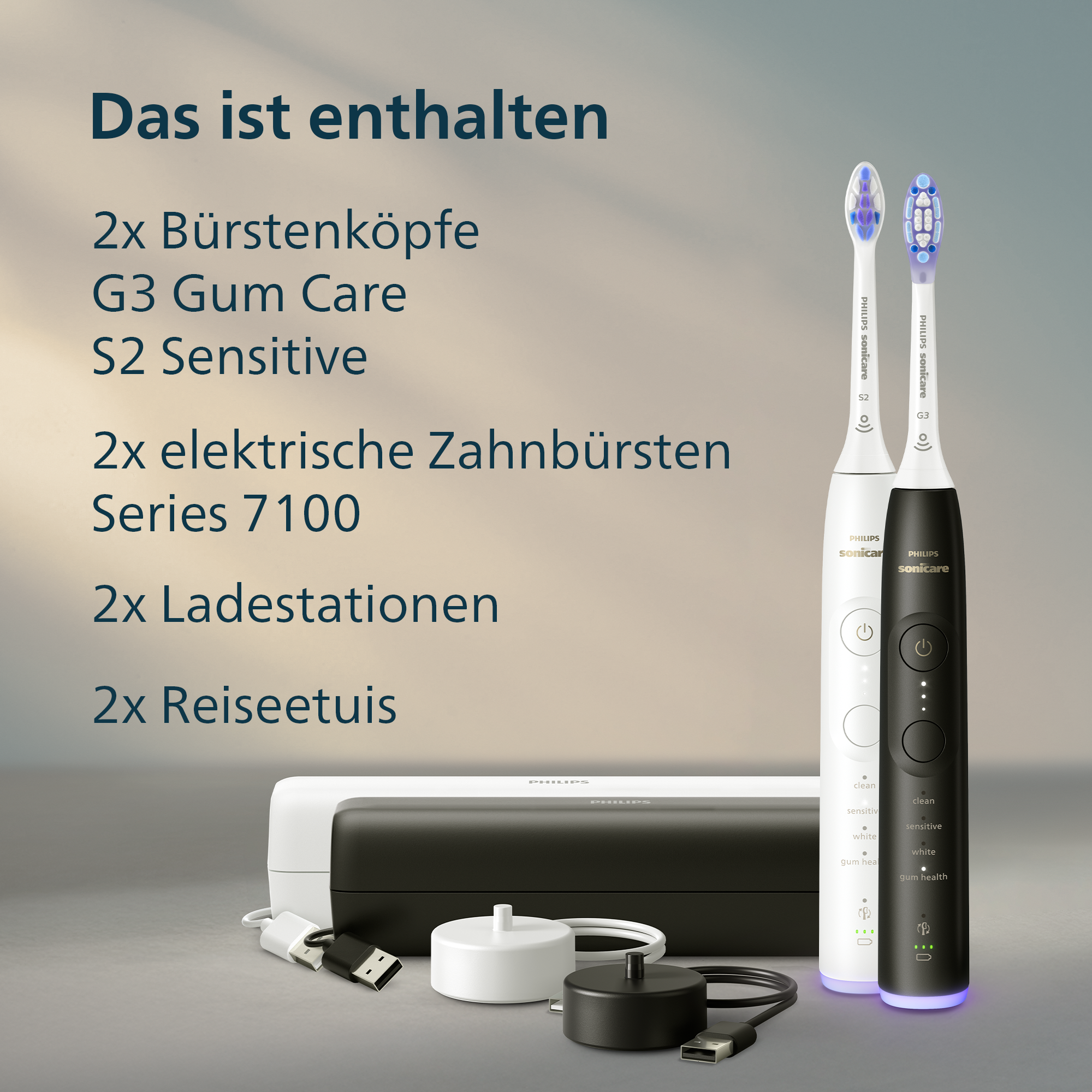 L'image montre deux brosses à dents électriques, des accessoires et du texte. Une brosse est noire, une blanche, avec des stations de charge et des étuis.