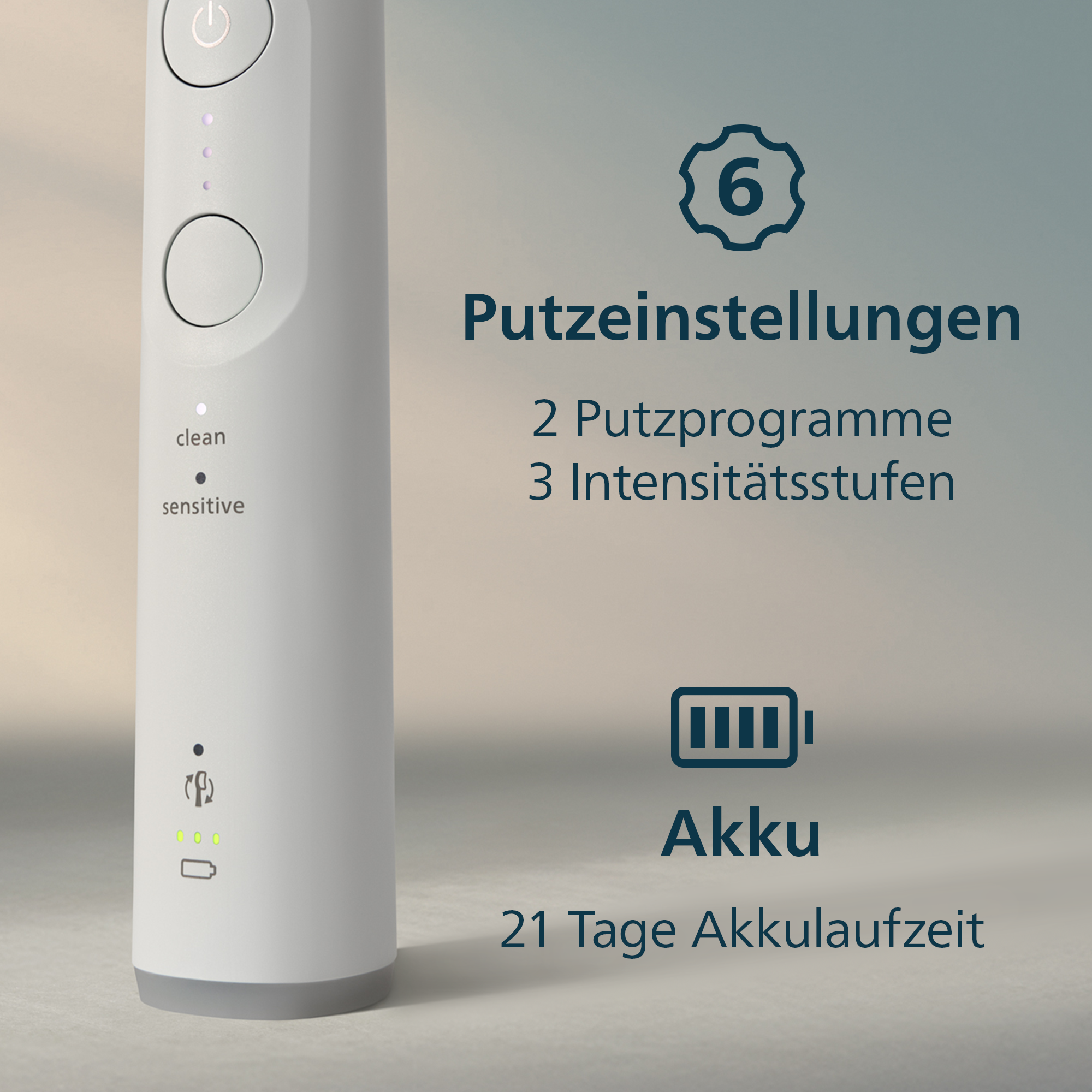 Elektrische Zahnbürste mit Einstellungen und Akkulaufzeit. Reinigungsmodi, Intensitätsstufen und Batteriestatus werden angezeigt.