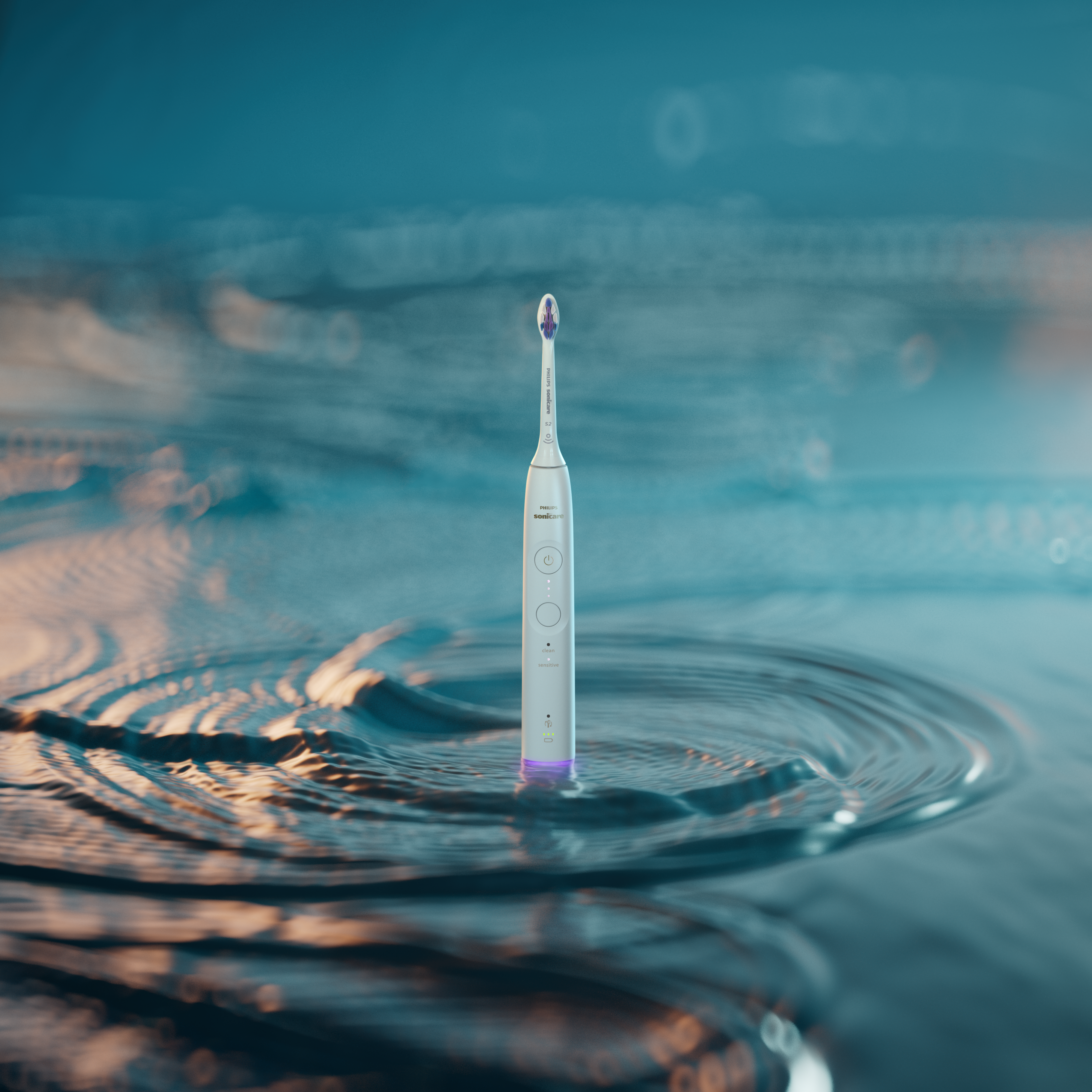 Eine elektrische Zahnbürste steht im Wasser. Sie ist weiß mit lila Akzenten. Wellen bilden sich um die Basis und reflektieren blaues und orangenes Licht.