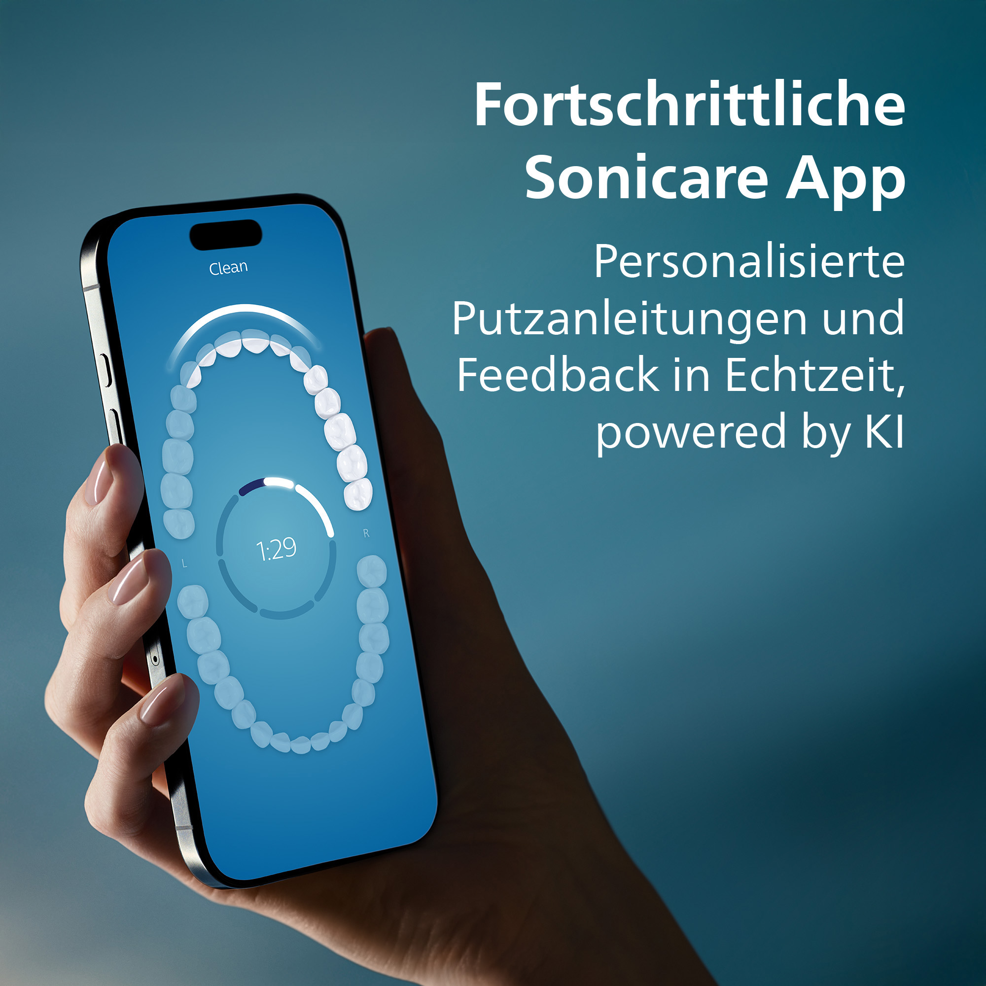 Eine Hand hält ein Telefon mit einer Zahnputz-App. Die App zeigt Zähne und einen Timer.