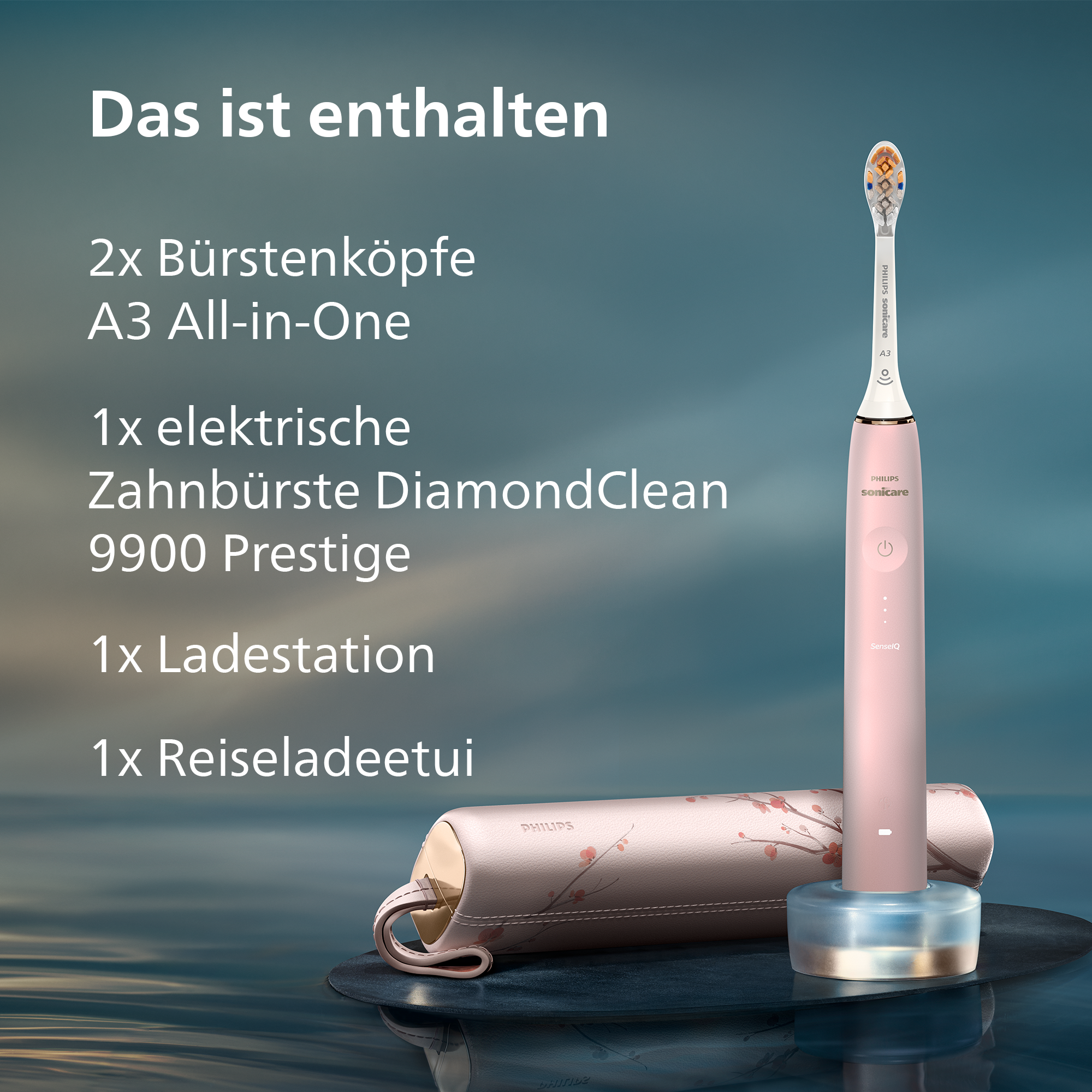 Pinke Philips Sonicare Zahnbürste, Reiseetui, Ladestation und Bürstenköpfe. Hintergrund ist blau und türkis.
