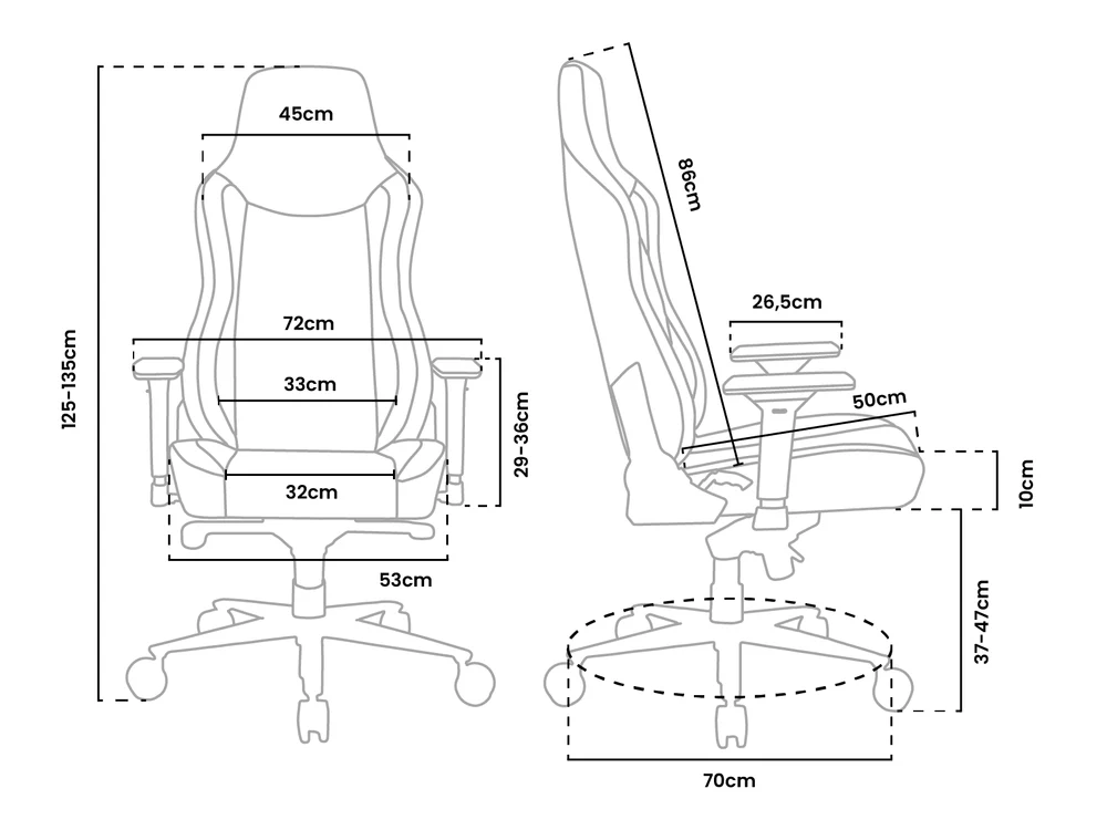Gaming szék diagramja méretekkel: magasság 125-135cm, ülés szélesség 32cm, háttámla szélesség 45cm, mélység 70cm, kartámasz 26,5cm