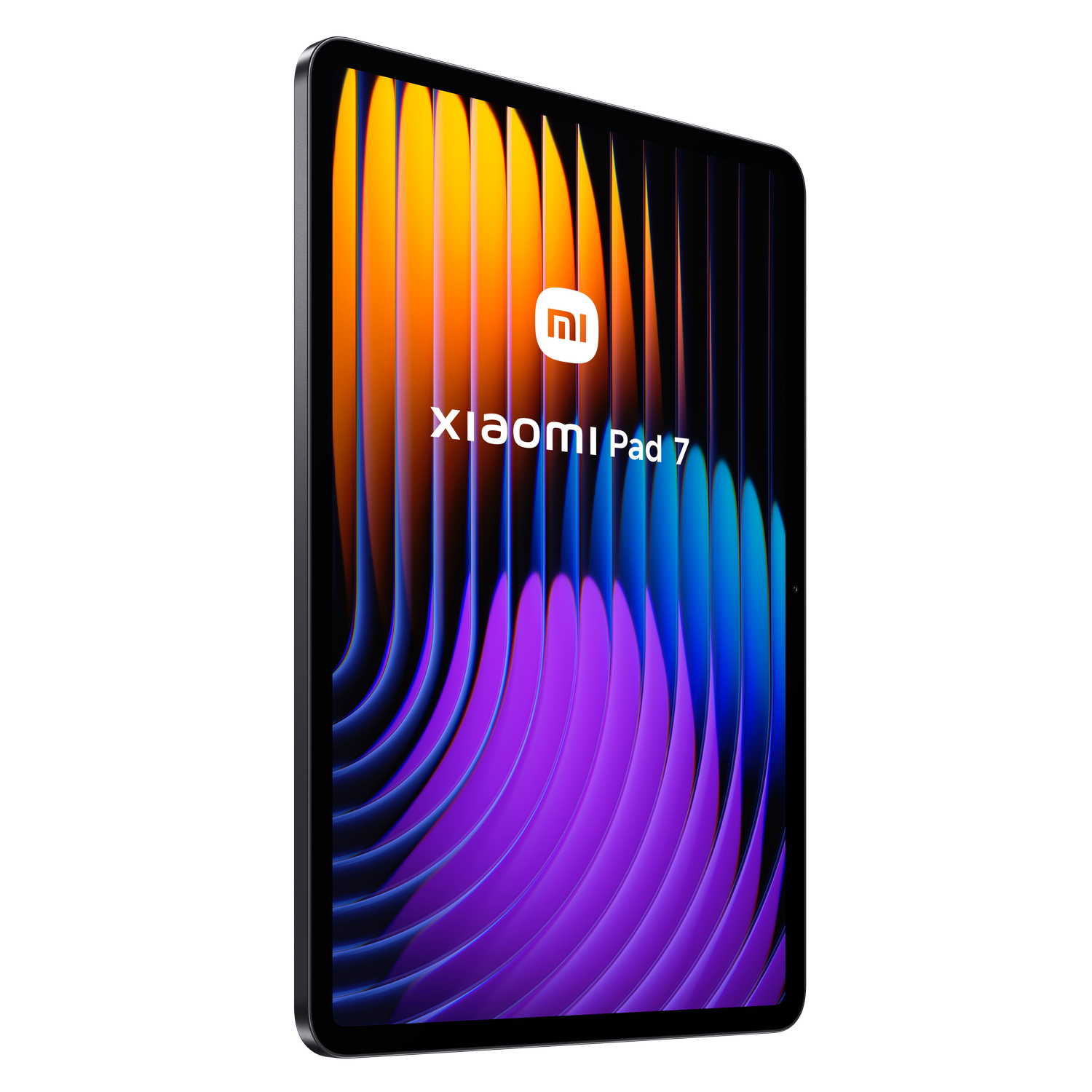 Tableta Xiaomi Pad 7. La pantalla presenta un diseño de onda colorida con el logotipo de Xiaomi. La tableta está sobre un fondo gris.
