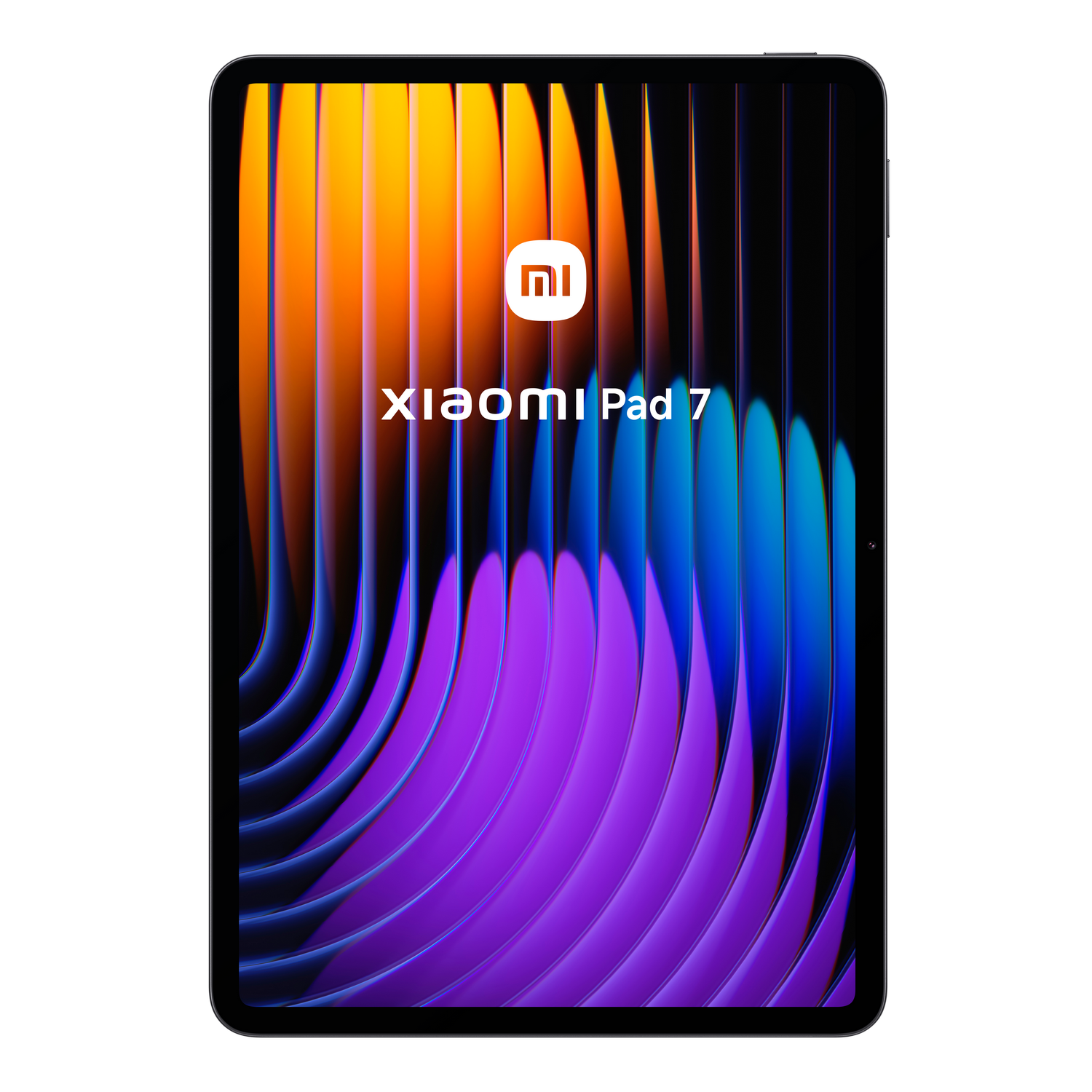 Tableta Xiaomi Pad 7 sobre fondo gris. La pantalla muestra líneas verticales coloridas en naranja, amarillo, azul y morado.