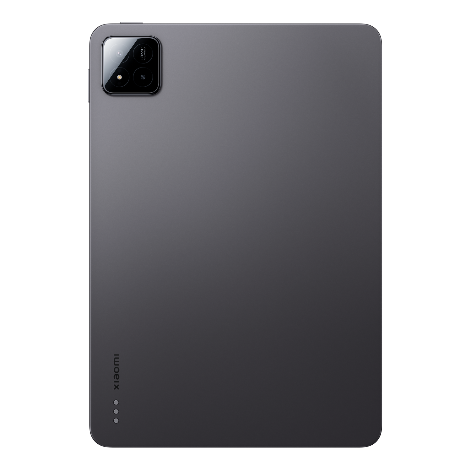 La parte trasera de una tableta gris con un módulo de cámara. El logotipo de Xiaomi está en la parte inferior, y el fondo es gris.
