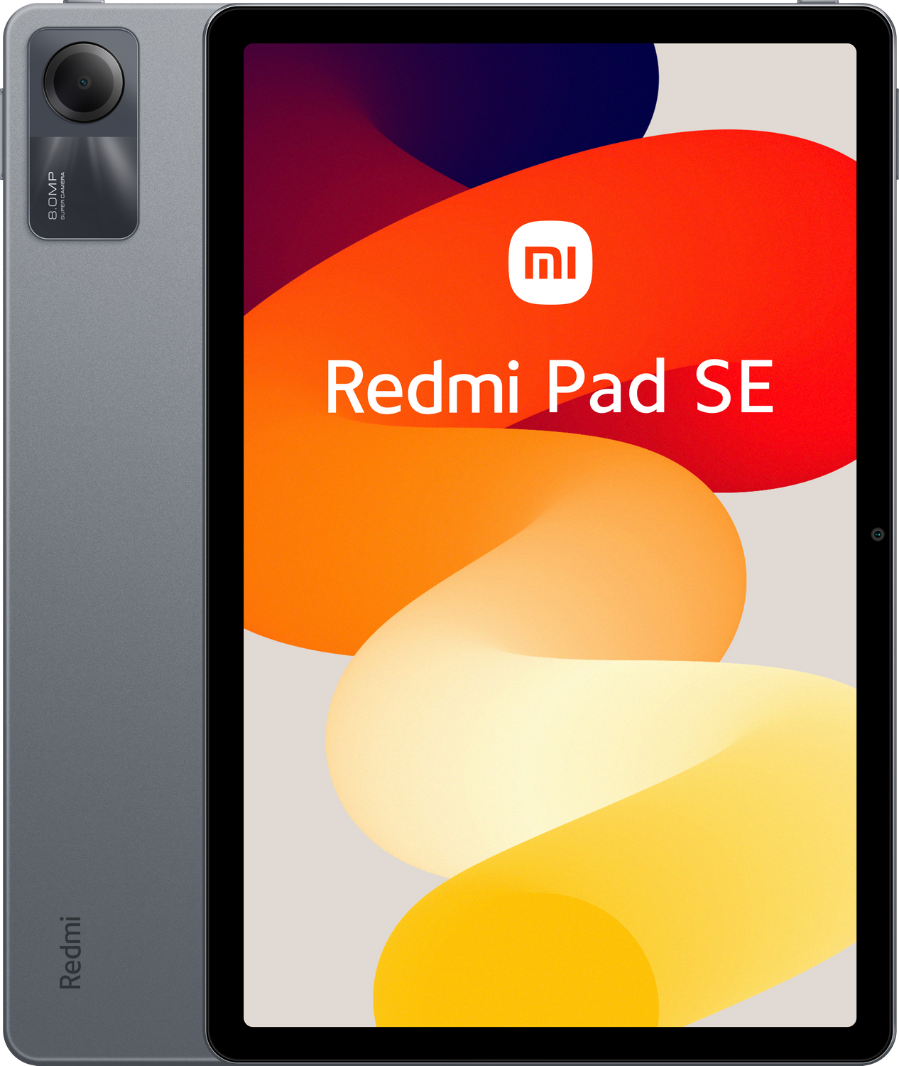 Una tableta Redmi Pad SE. La pantalla muestra un diseño abstracto colorido. La tableta es gris con una cámara lateral.