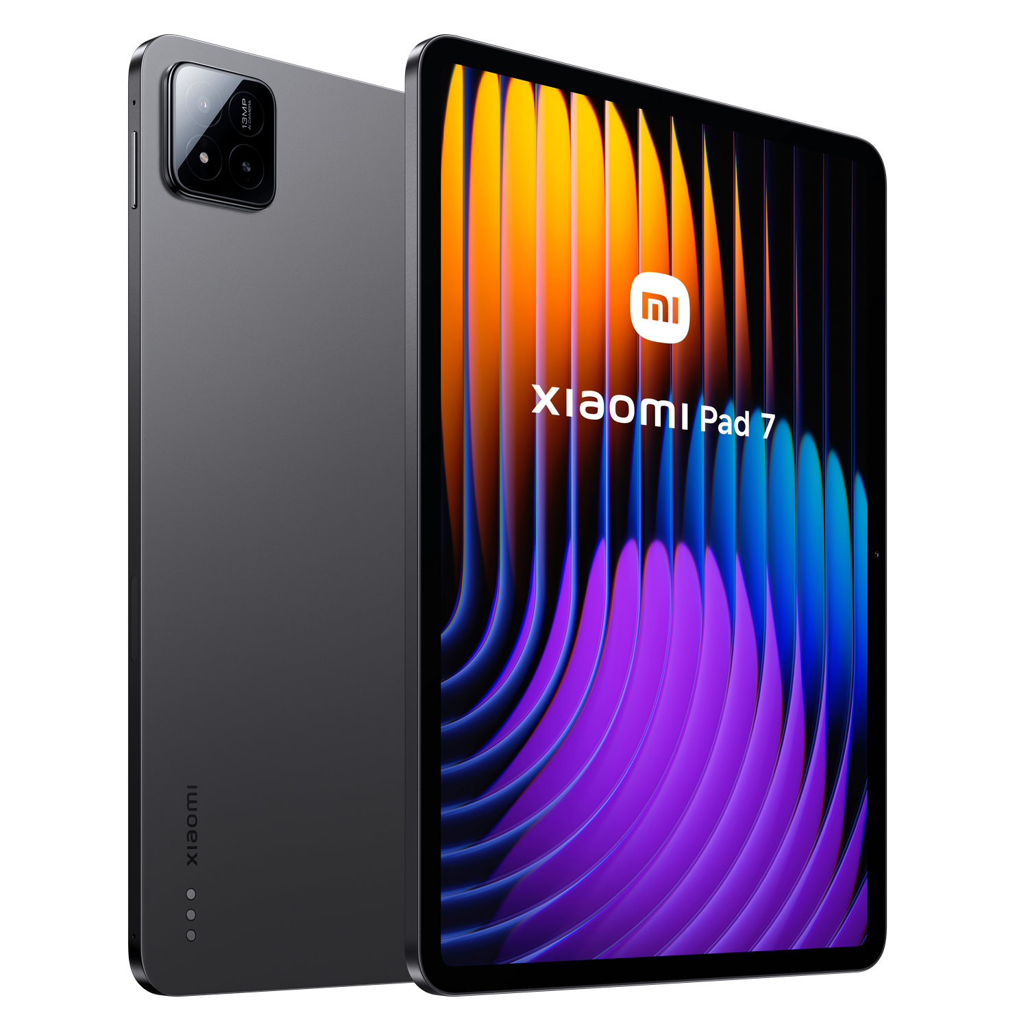 Una tableta gris Xiaomi Pad 7. La pantalla muestra una imagen abstracta colorida. La tableta tiene una protuberancia de cámara.