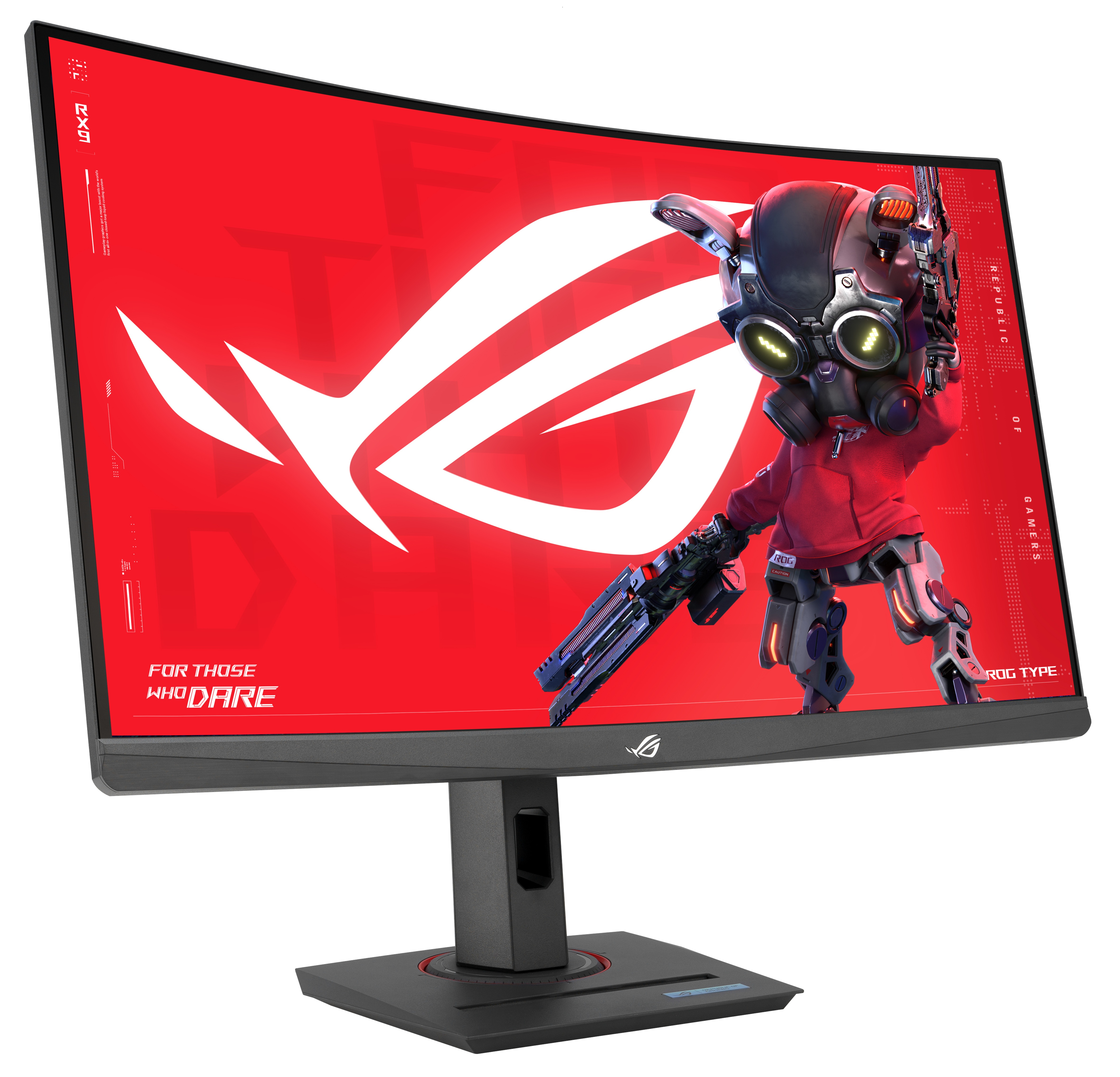 Zakrzywiony monitor z czerwonym tłem i postacią robota trzymającą broń. Monitor ma czarną podstawę.