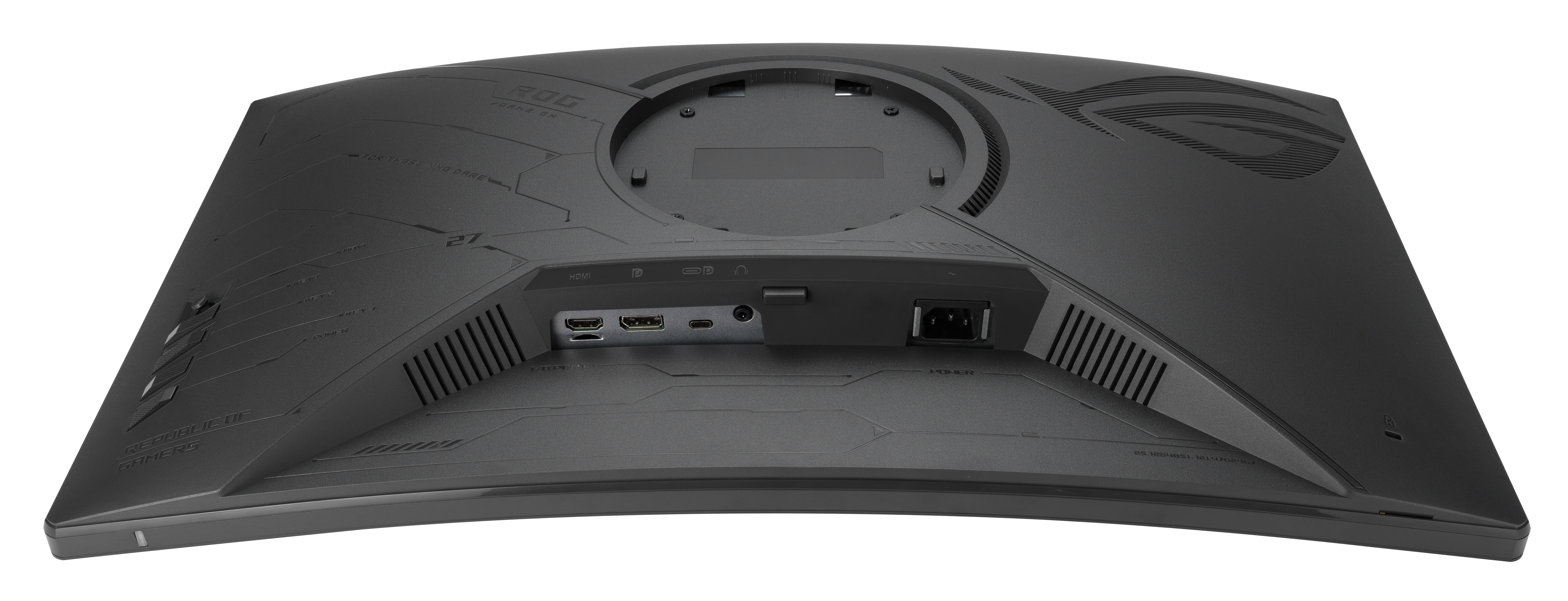 Tył czarnego zakrzywionego monitora z portami, wejściem zasilania i marką 'ROG'. Tekst brzmi 'Republic of Gamers'.