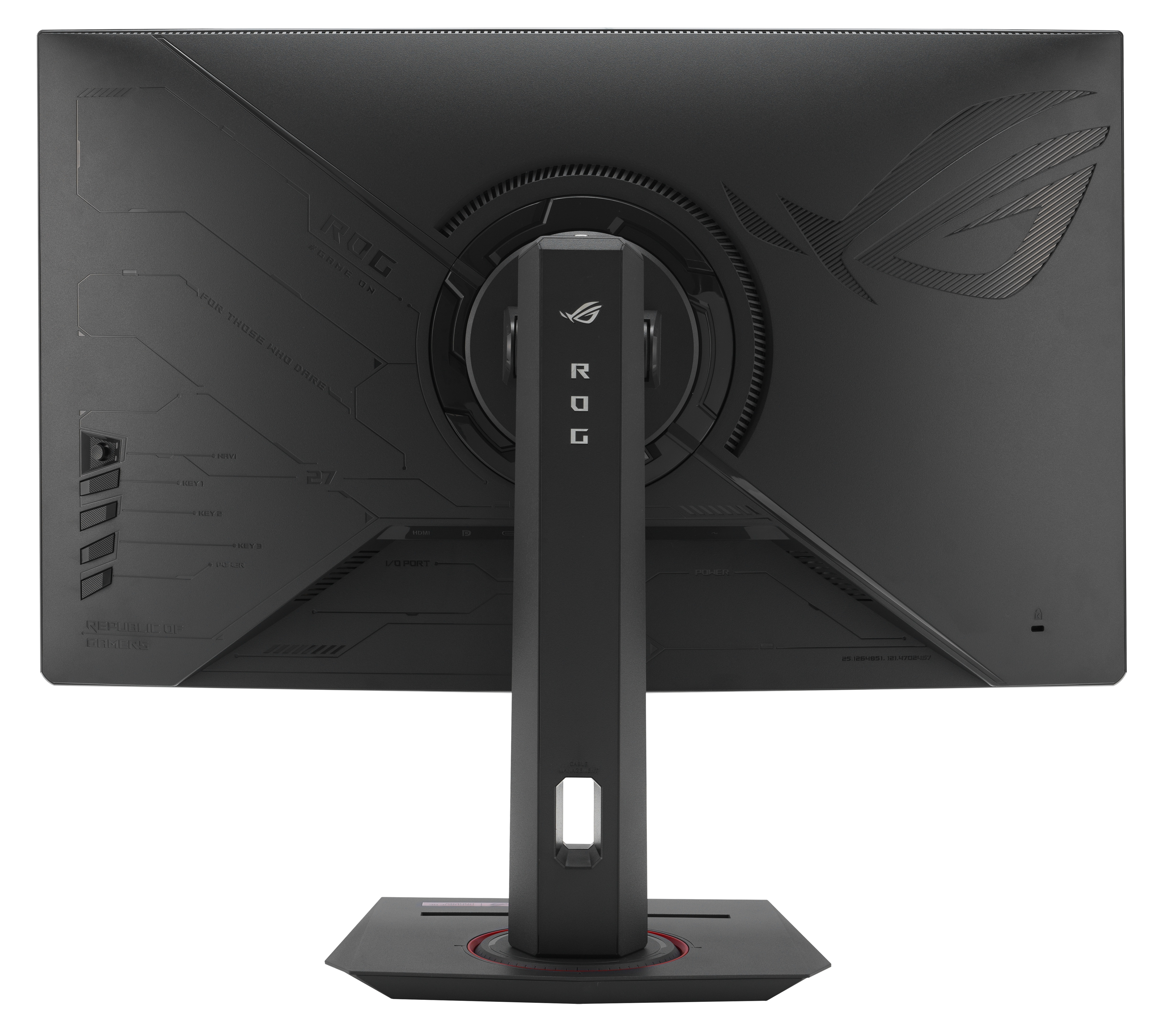 Tył czarnego monitora do gier ROG. Ma podstawkę i logo. Tekst zawiera 'Republic of Gamers'.