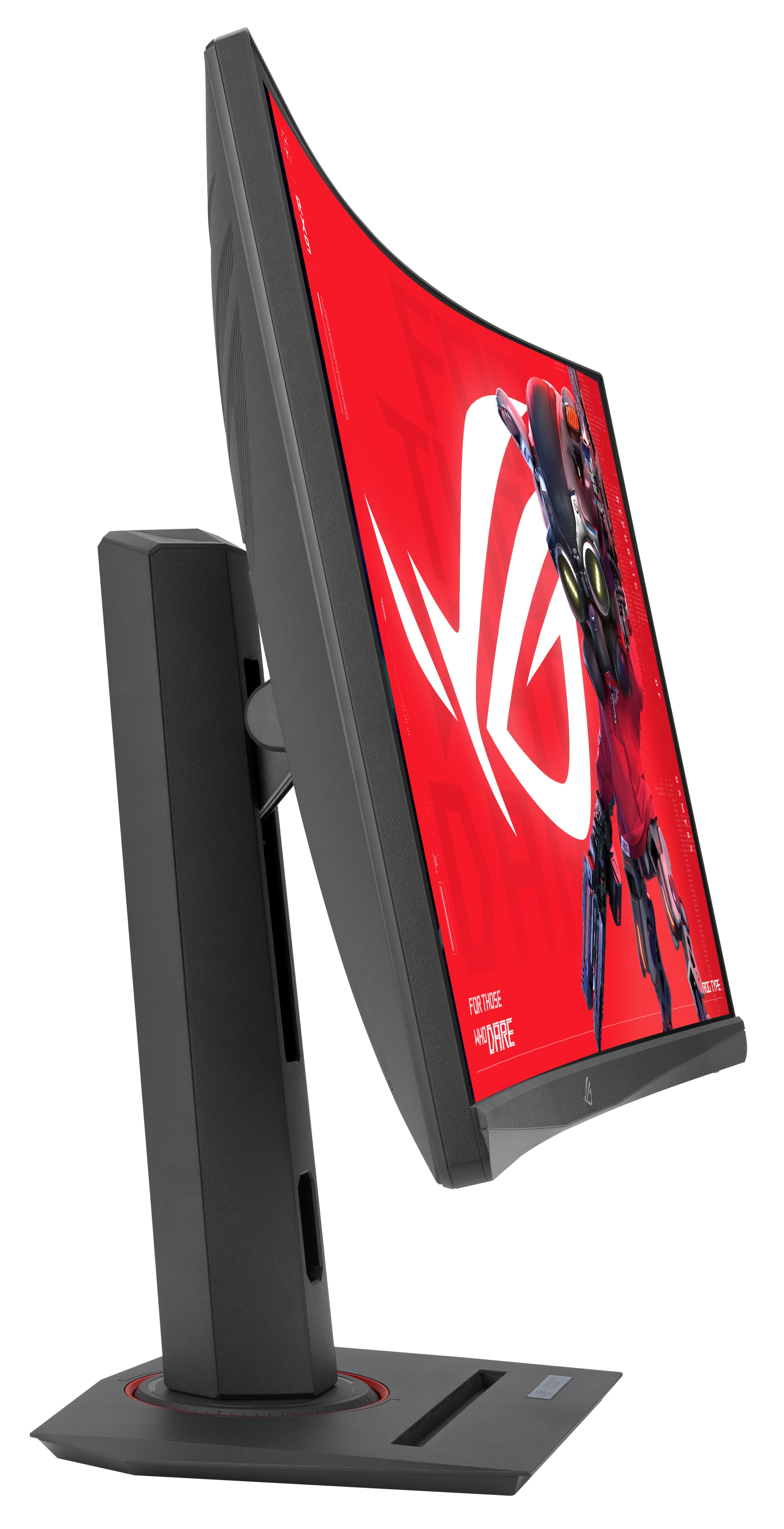 Zakrzywiony czarny monitor komputerowy z czerwonym ekranem wyświetlającym obraz. Monitor ma czarną podstawę.