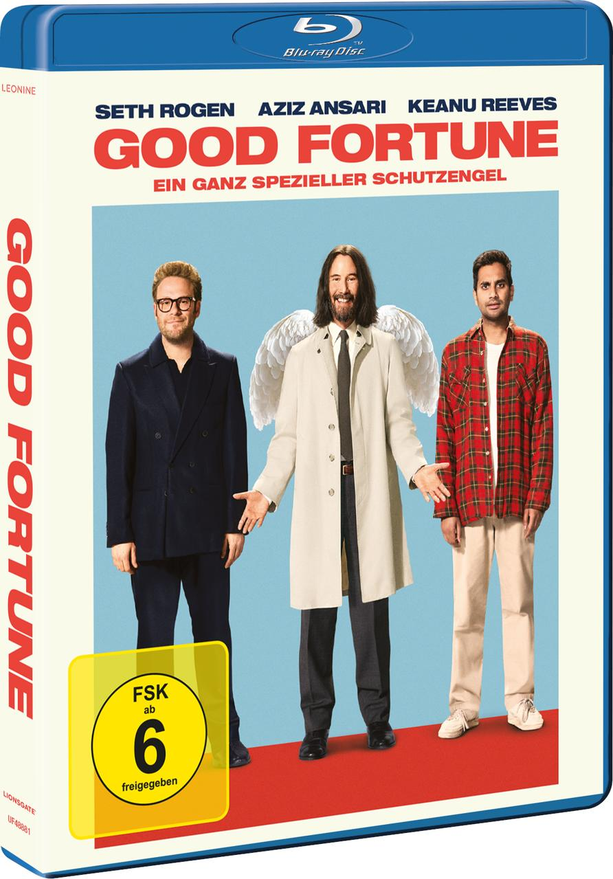 Blu-ray-Cover von 'Good Fortune' mit Seth Rogen, Aziz Ansari und Keanu Reeves. Der Titel ist rot, vor blauem Hintergrund.