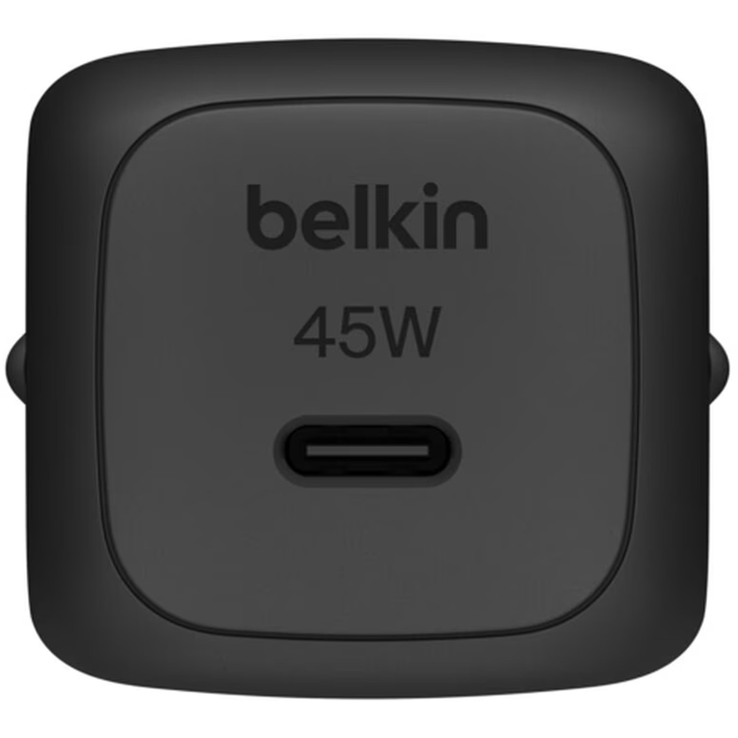 Black Belkin 45W charger. It has a USB-C port at the bottom and the Belkin logo and 45W written on it.