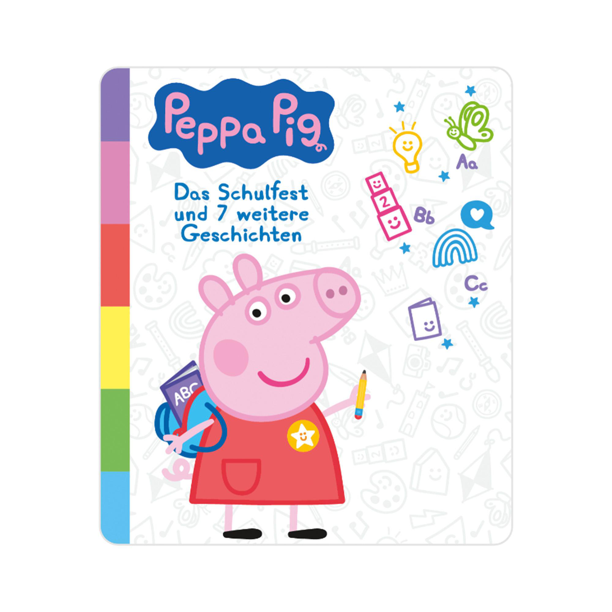 Buchcover von Peppa Pig. Rosa Schwein trägt rotes Kleid, hält Bleistift und Rucksack. Titel: Das Schulfest und 7 weitere Geschichten.