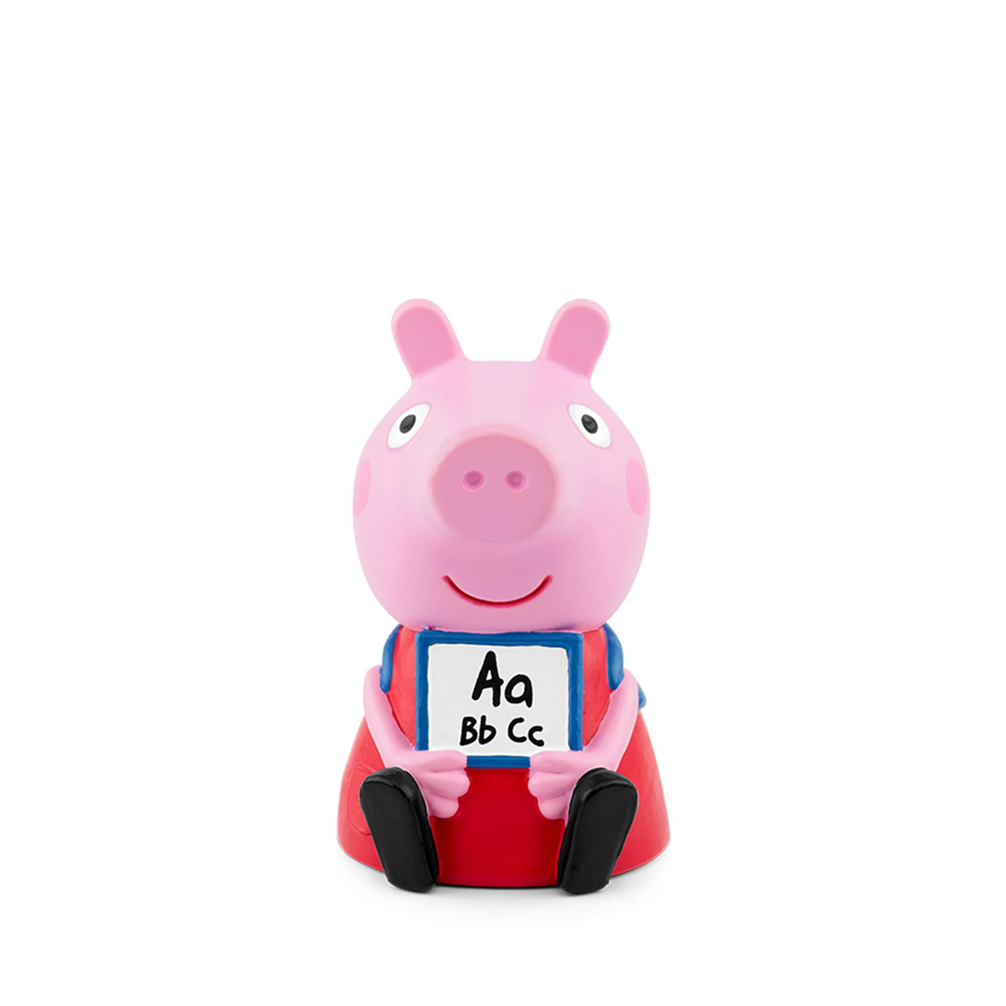 Rosa Peppa Wutz Figur hält ein Schild mit 'Aa Bb Cc'. Sie trägt ein rotes Kleid und hat schwarze Schuhe.