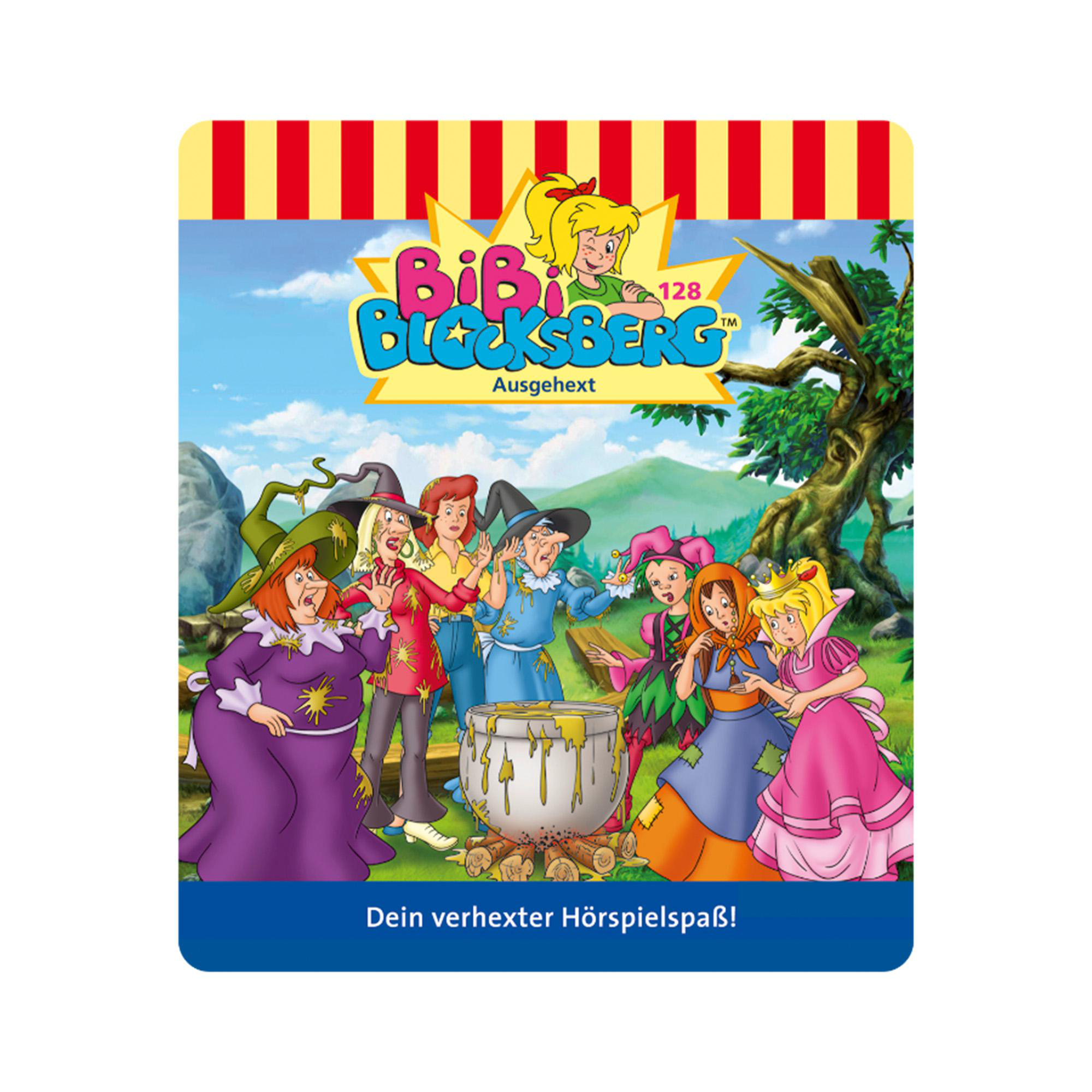 Illustration von Bibi Blocksberg und anderen um einen Kessel. Bunte Szene mit blauem Himmel und cartoonartigen Figuren.