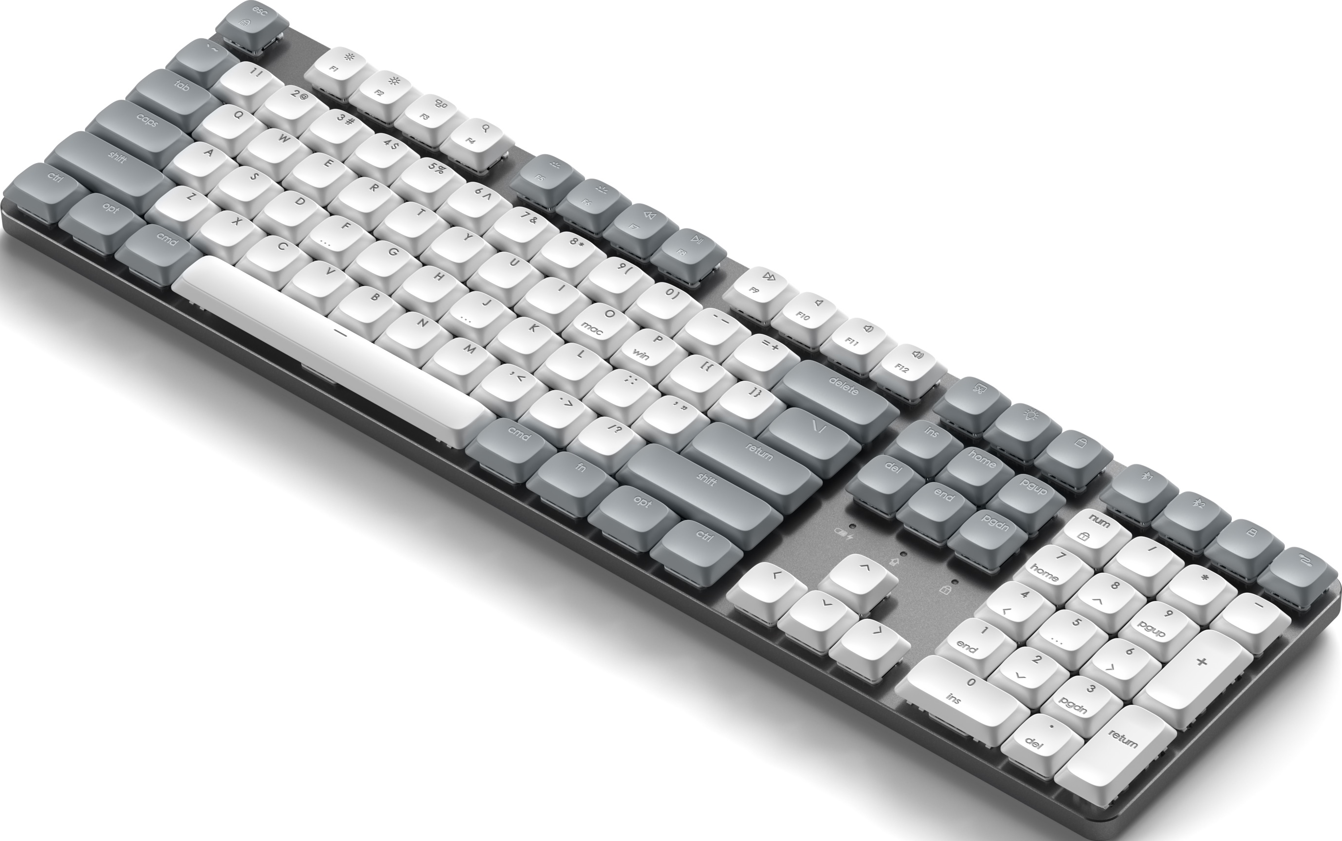 Eine mechanische Tastatur mit weißen und grauen Tasten. Die Tasten sind in einem Standard-Layout angeordnet.