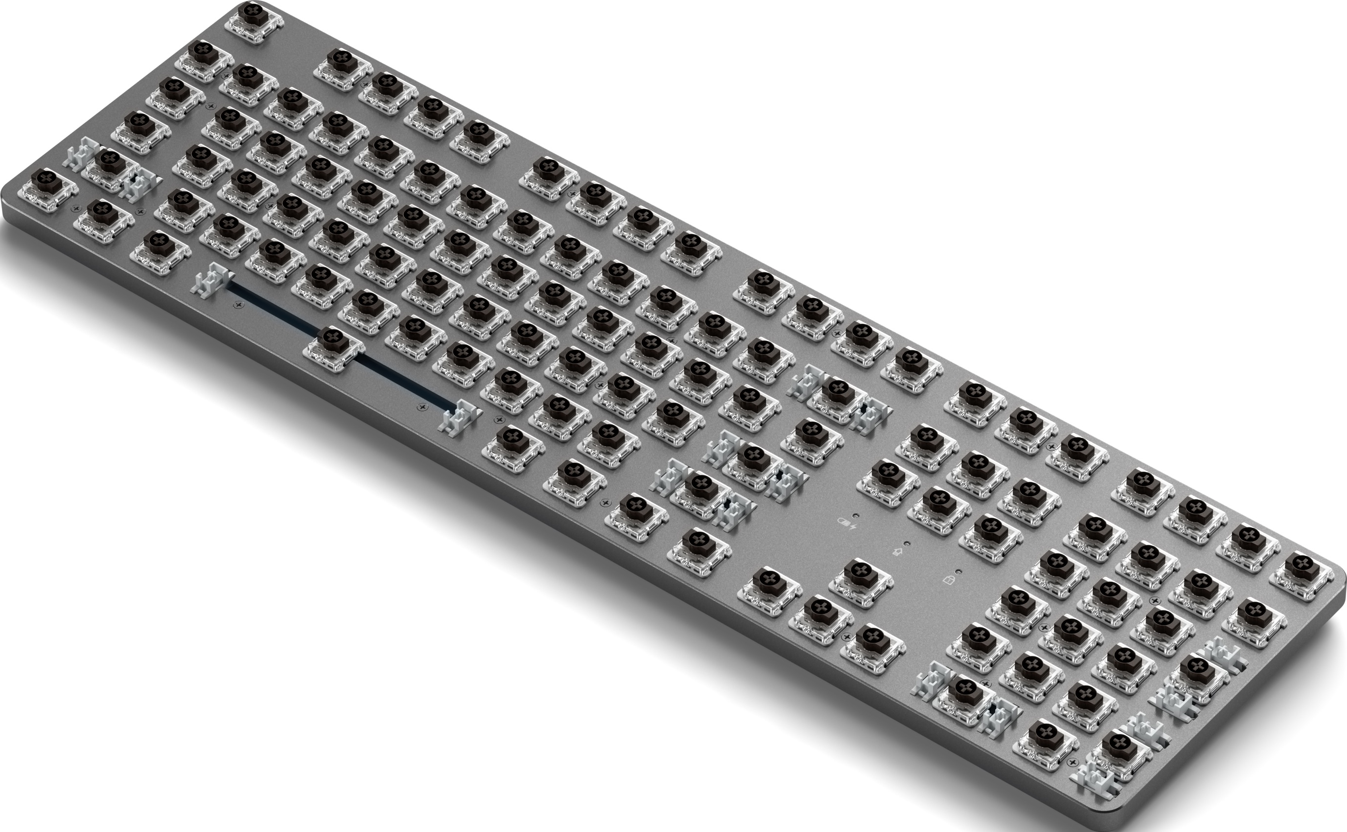 Ein grauer Tastaturrahmen mit schwarzen Schaltern. Die Tasten sind nicht installiert.