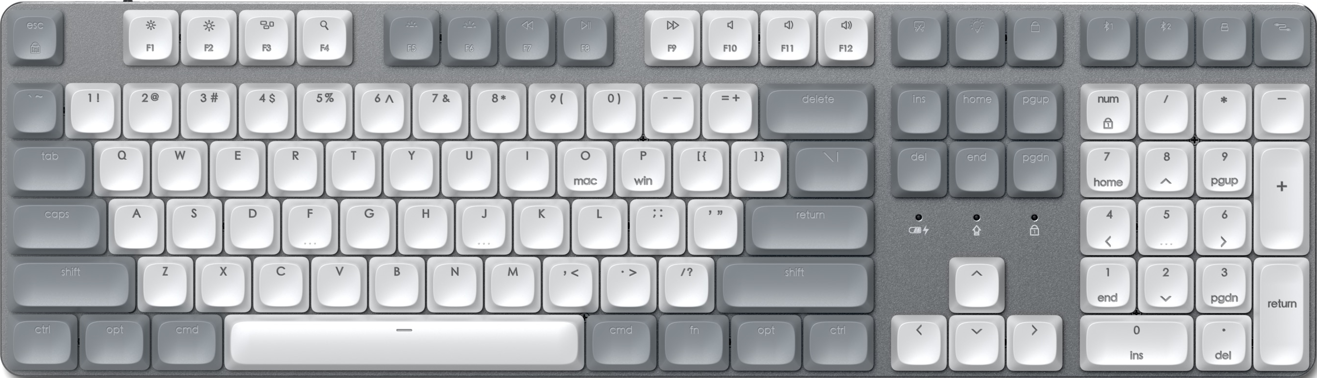Graue Tastatur mit weißen Tasten. Funktionstasten oben, alphanumerische Tasten in der Mitte und Nummernblock rechts.