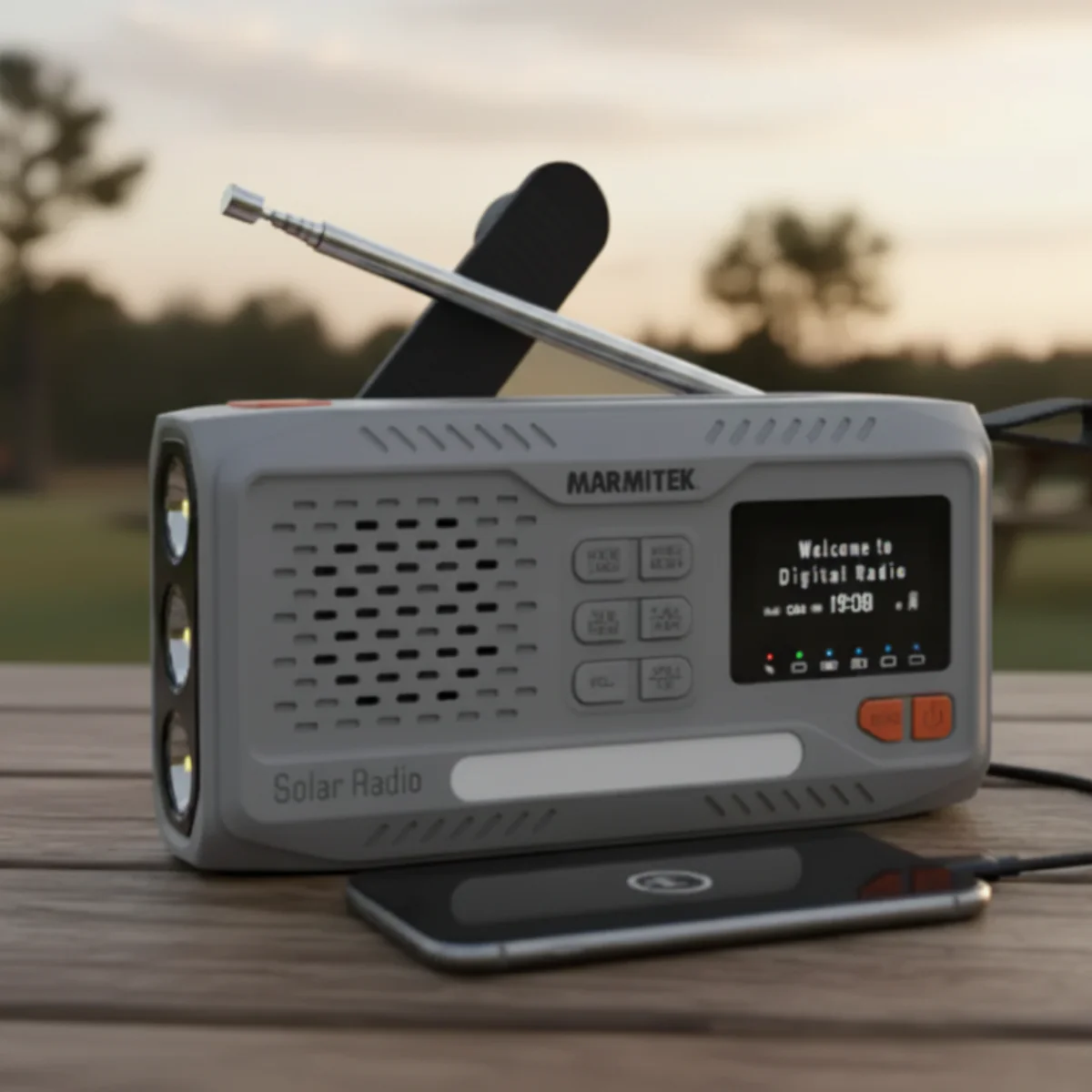 Une radio solaire grise avec un téléphone en charge sur une table en bois. La radio affiche 'Welcome to Digital Radio'. Une forêt est en arrière-plan.