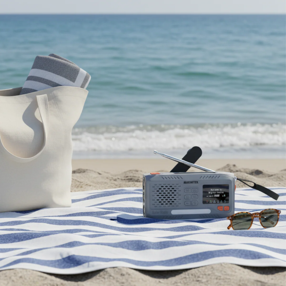 Scène de plage avec une radio, des lunettes de soleil et un sac fourre-tout sur une serviette rayée, océan en arrière-plan.