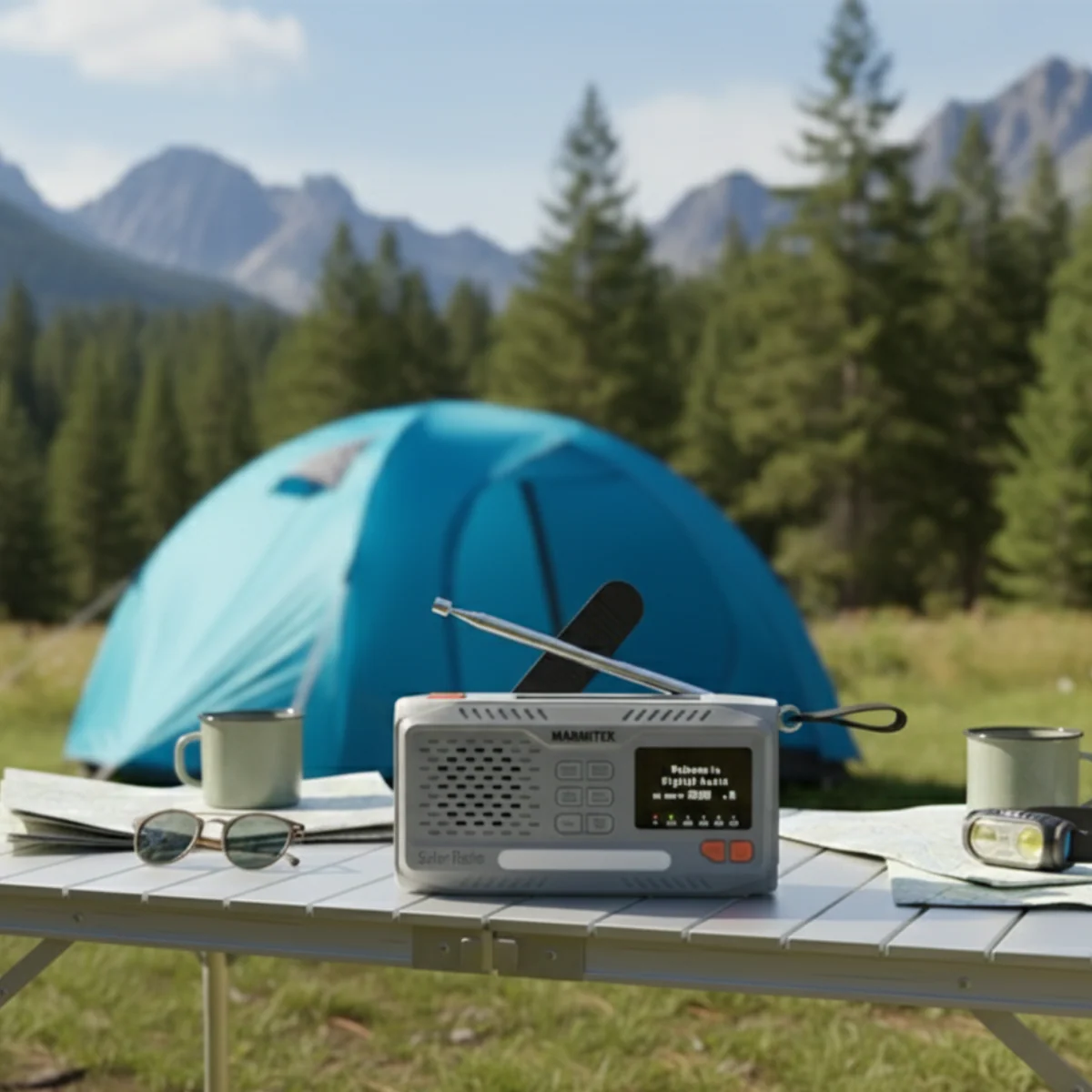 Scène de camping avec une radio, une tente, des tasses et une carte sur une table. Montagnes et arbres en arrière-plan. Lunettes de soleil sur la table.