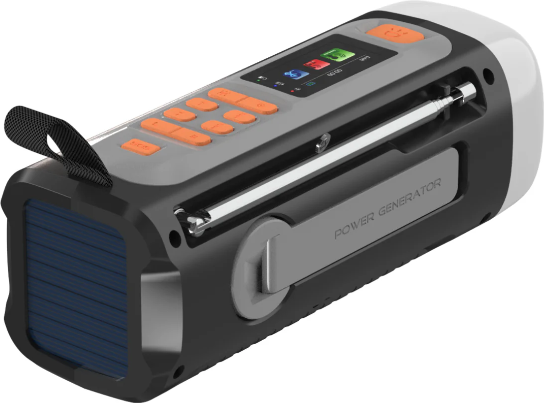 Un générateur d'énergie gris et noir avec une interface à boutons orange, un petit écran et un panneau solaire.