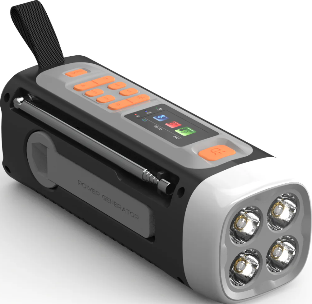Un appareil d'urgence noir et gris avec des boutons orange, un écran et une tête de lampe de poche à LED à quatre lumières.