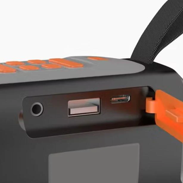 Gros plan sur un haut-parleur noir et gris avec des accents orange. On voit des ports, des boutons et une poignée. Un volet orange est ouvert.