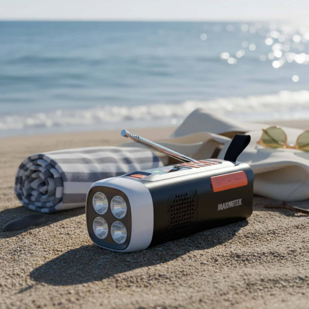 Une radio noire avec une lampe de poche sur une plage. Une serviette roulée, un sac et des lunettes de soleil sont également sur le sable. L'océan est en arrière-plan.