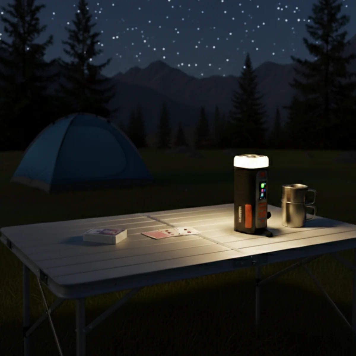 Scène de camping nocturne. Une table éclairée avec une lanterne, des cartes et des tasses. Une tente, des arbres, des montagnes et des étoiles en arrière-plan.