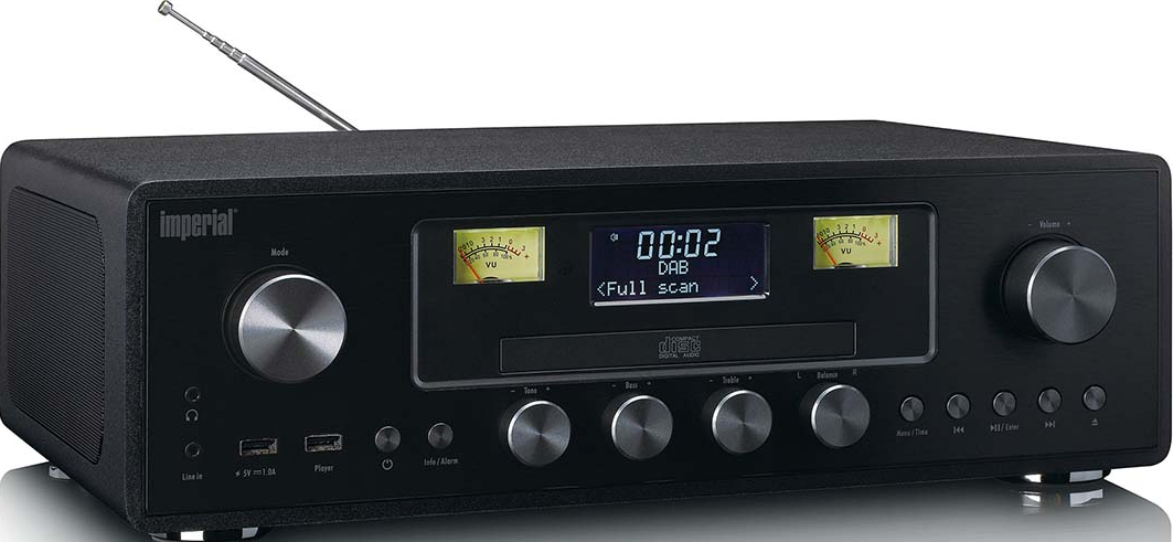 Une radio Imperial noire avec une antenne, un écran numérique et plusieurs boutons et molettes de commande.
