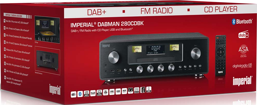 Une radio noire Imperial DABMAN 280CDBK avec lecteur CD, USB et Bluetooth sur une boîte rouge. Inclut une télécommande.