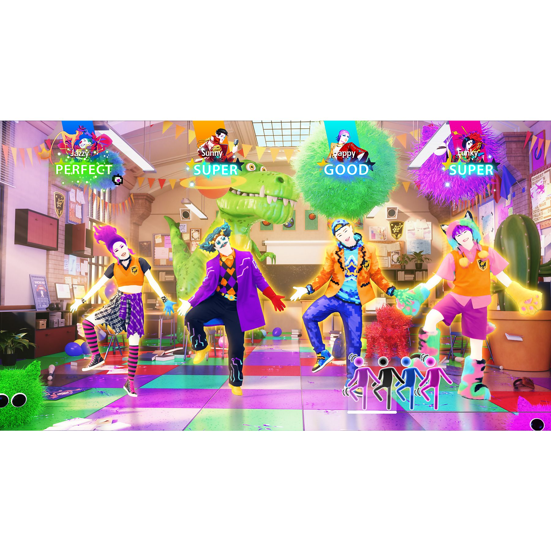 Cuatro personas bailando en una habitación. Un dinosaurio verde y decoraciones coloridas están en el fondo.