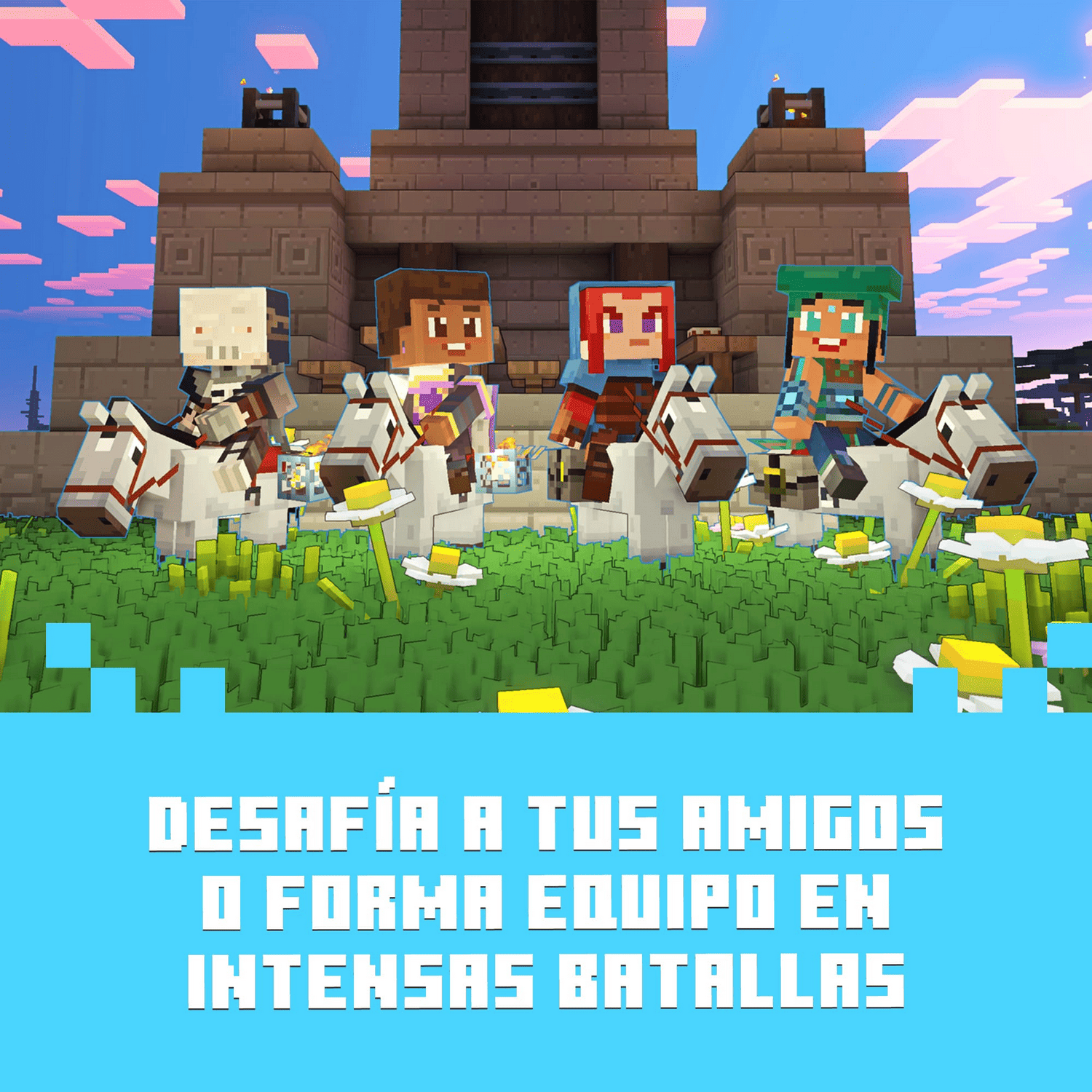 4 personajes con bloques sobre caballos blancos, frente a una estructura de piedra. Texto: Desafía a tus amigos o forma equipo en intensas batallas.