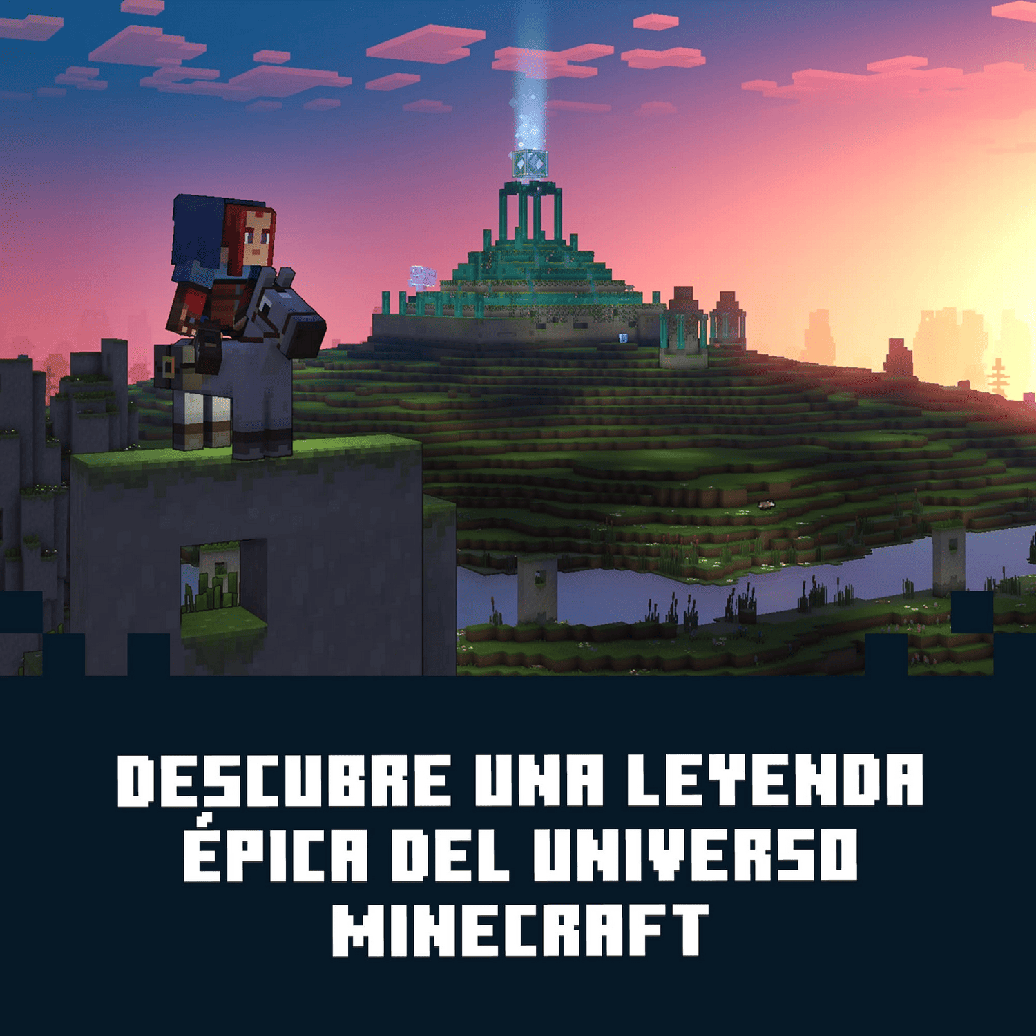 Escena de Minecraft con un personaje que observa un templo con rayo de luz al atardecer. Texto “Descubre una leyenda épica del universo Minecraft”.