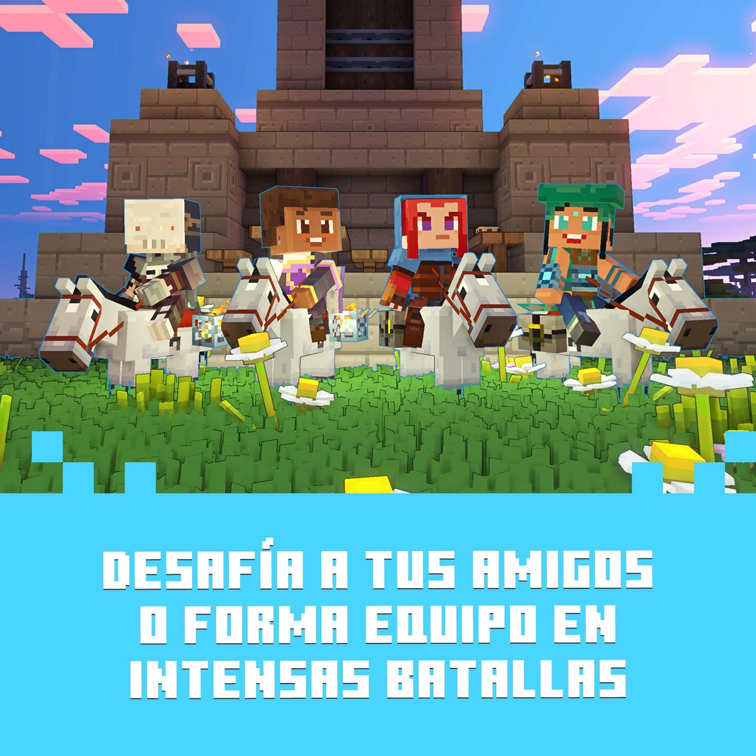 4 personajes con bloques sobre caballos blancos, frente a una estructura de piedra. Texto: Desafía a tus amigos o forma equipo en intensas batallas.