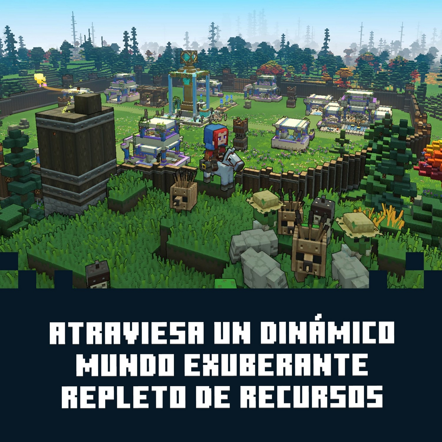 Personaje de Minecraft a caballo recorre una base llena de construcciones. Texto: Atraviésa un dinámico mundo exuberante repleto de recursos.