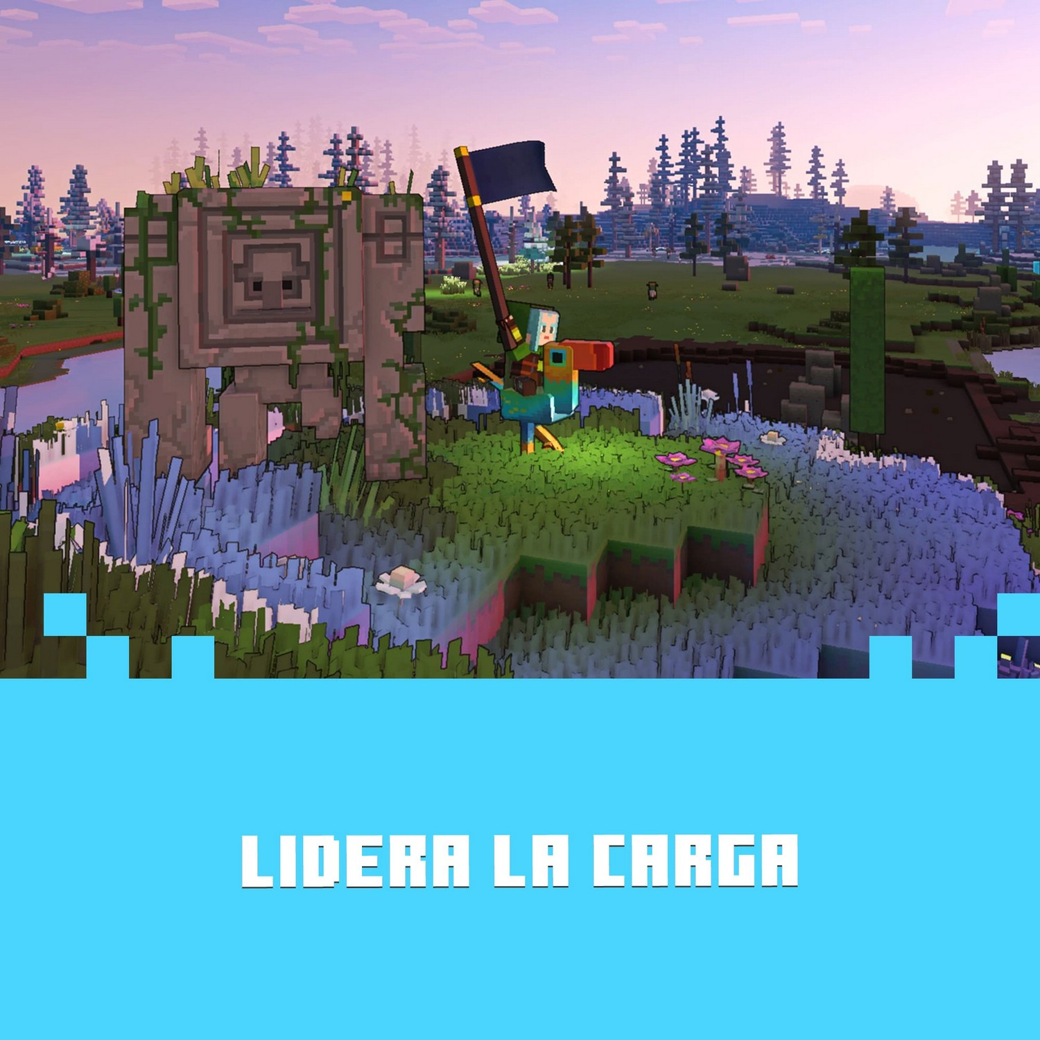 Personaje de Minecraft montado en un ave alza una bandera junto a un golem de piedra en un paisaje natural, con el texto “Lidera la carga”.