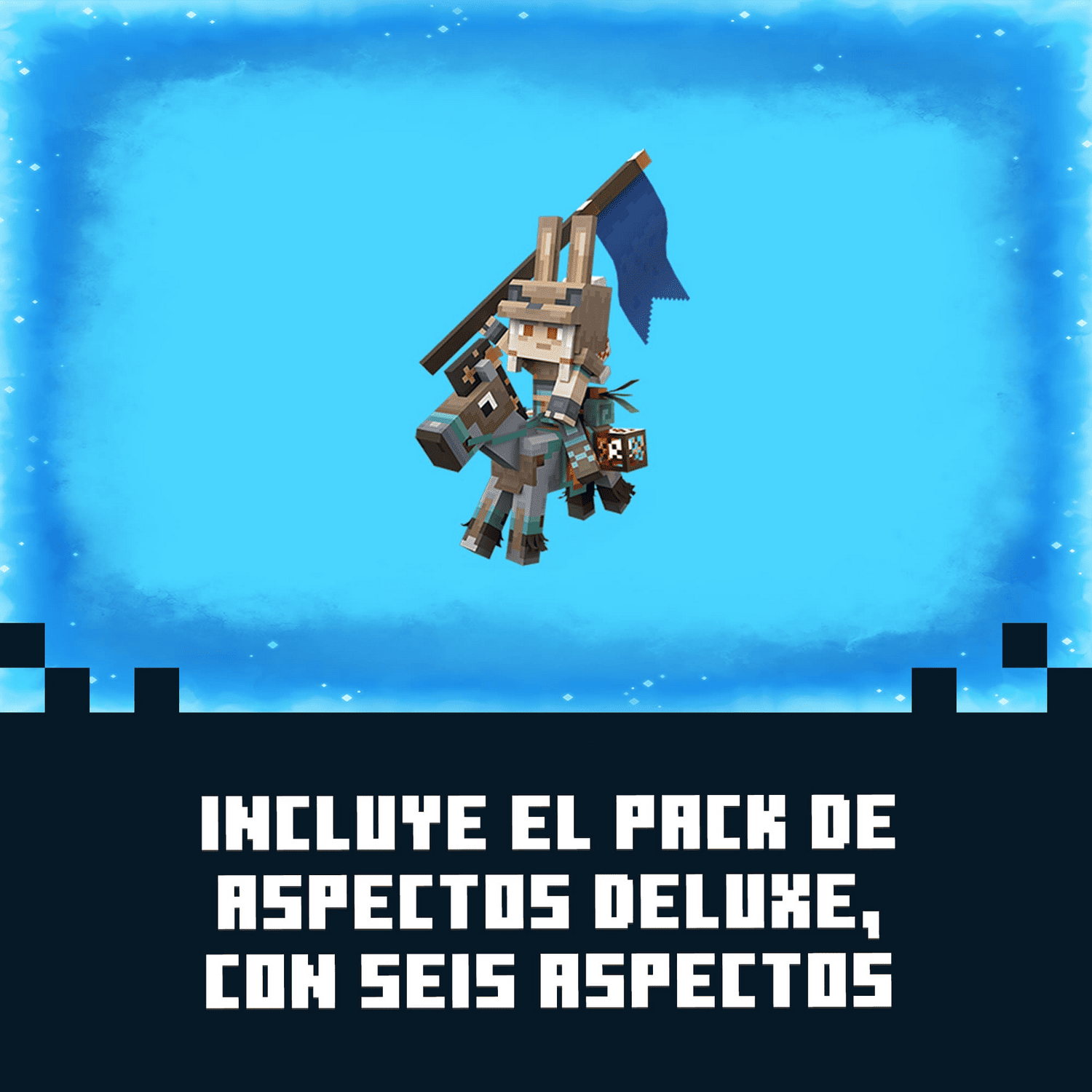 Personaje de Minecraft con armadura y orejas de conejo cabalga un burro, con texto “Incluye el pack de aspectos deluxe, con seis aspectos”.