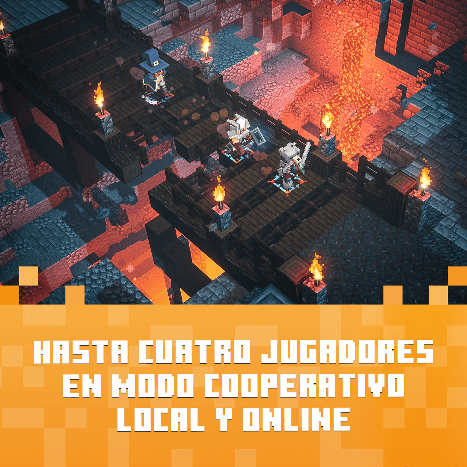 Escena de Minecraft Dungeons. Personajes en un puente con antorchas, lava al fondo. Texto: Hasta cuatro jugadores en modo cooperativo local y online.