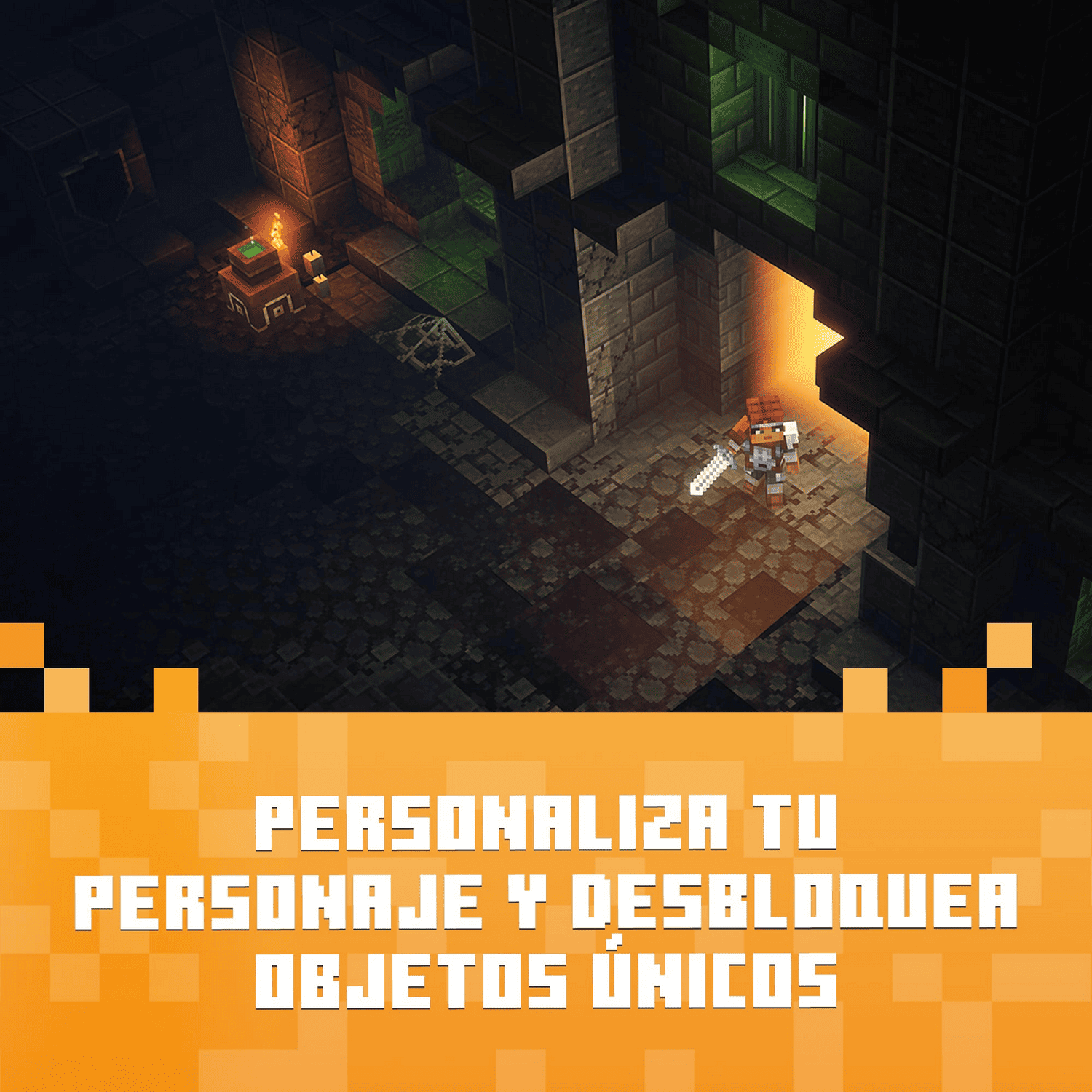 Un personaje voxelado con una espada está en una puerta de mazmorra. La escena está iluminada por luz naranja y antorchas.