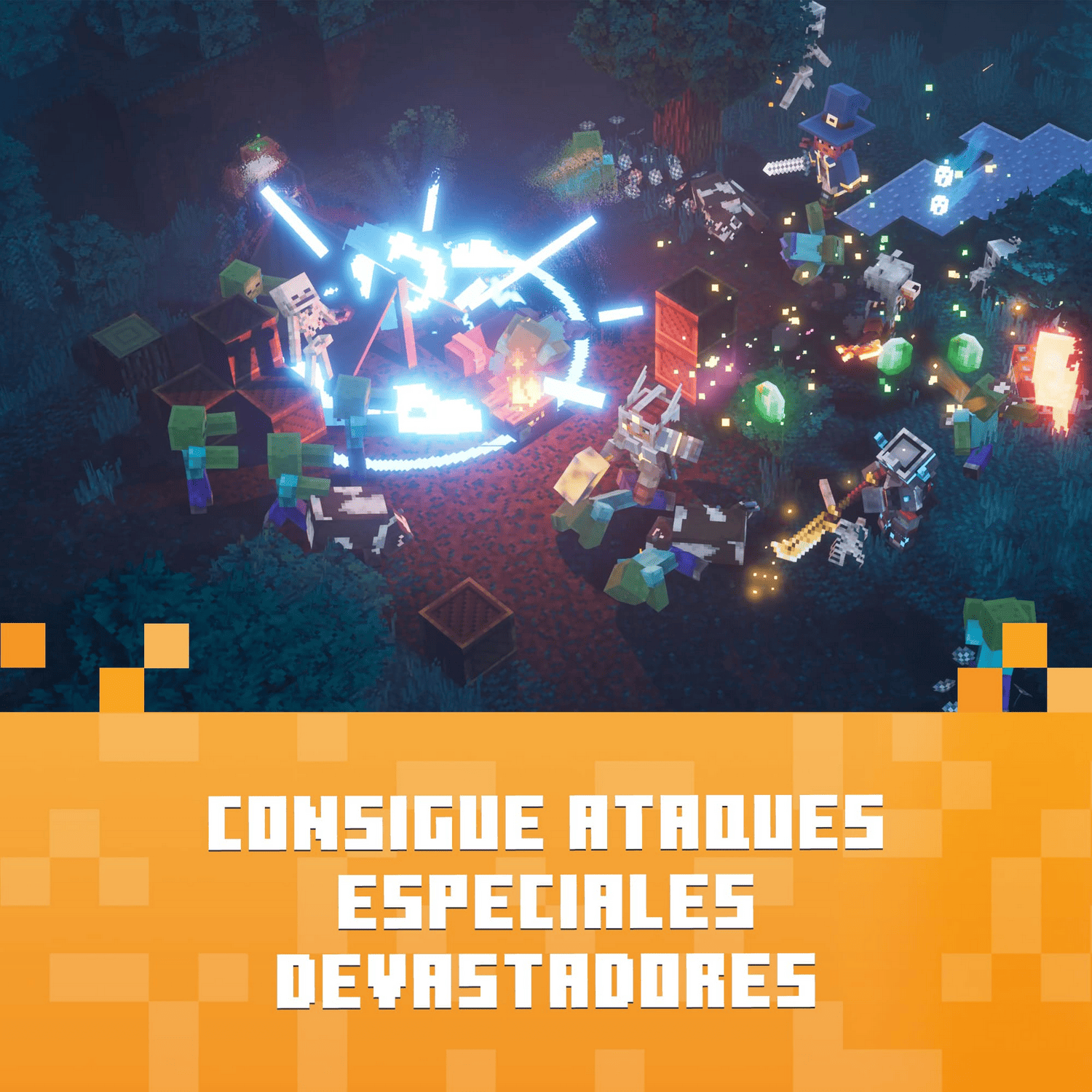 Escena de Minecraft: personajes luchando alrededor de una fogata con efectos de energía azul y blanca. Hay zombis y esqueletos.