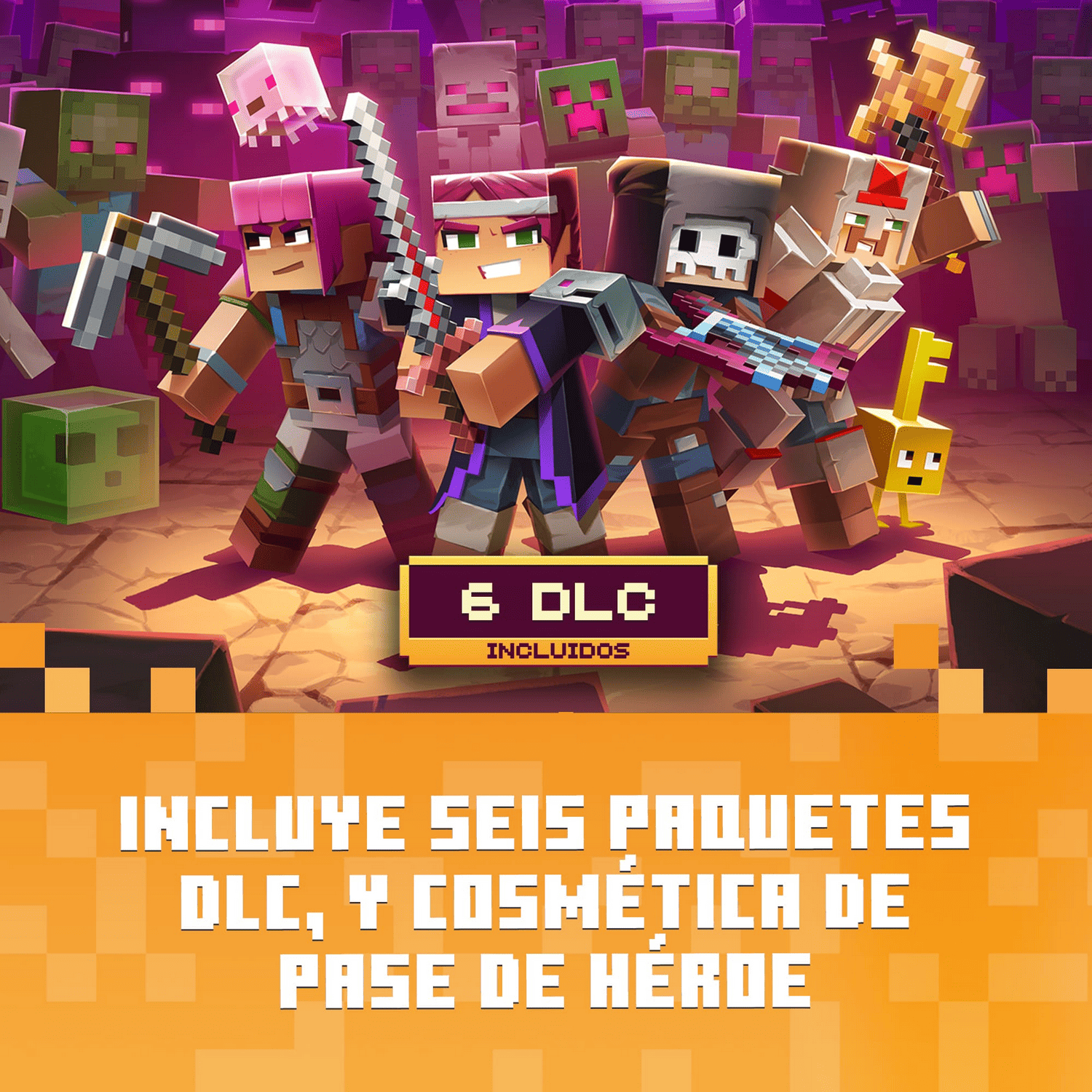 Personajes de Minecraft con armas y enemigos. Texto: '6 DLC Incluidos' y 'Incluye seis paquetes DLC, y cosmética de Pase de héroe'.