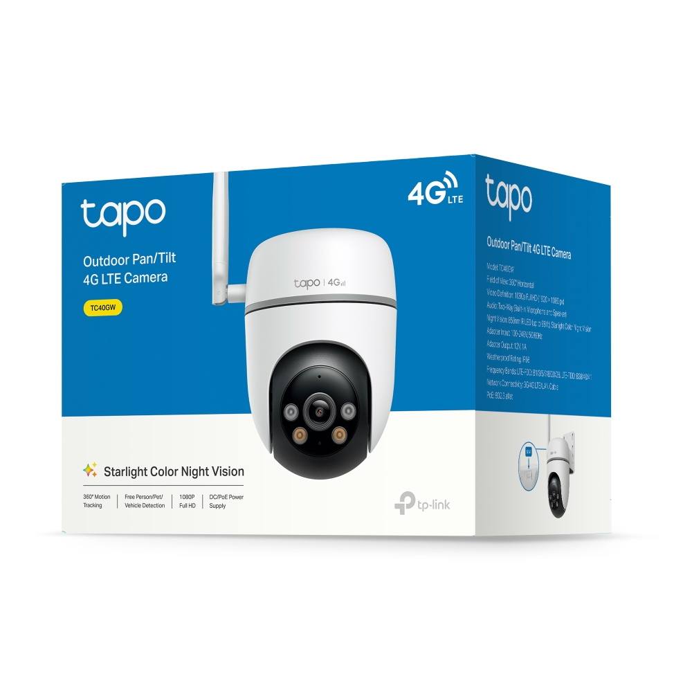 Caja de cámara Tapo 4G LTE. Muestra una cámara blanca y negra con antenas. Características: visión nocturna y seguimiento.