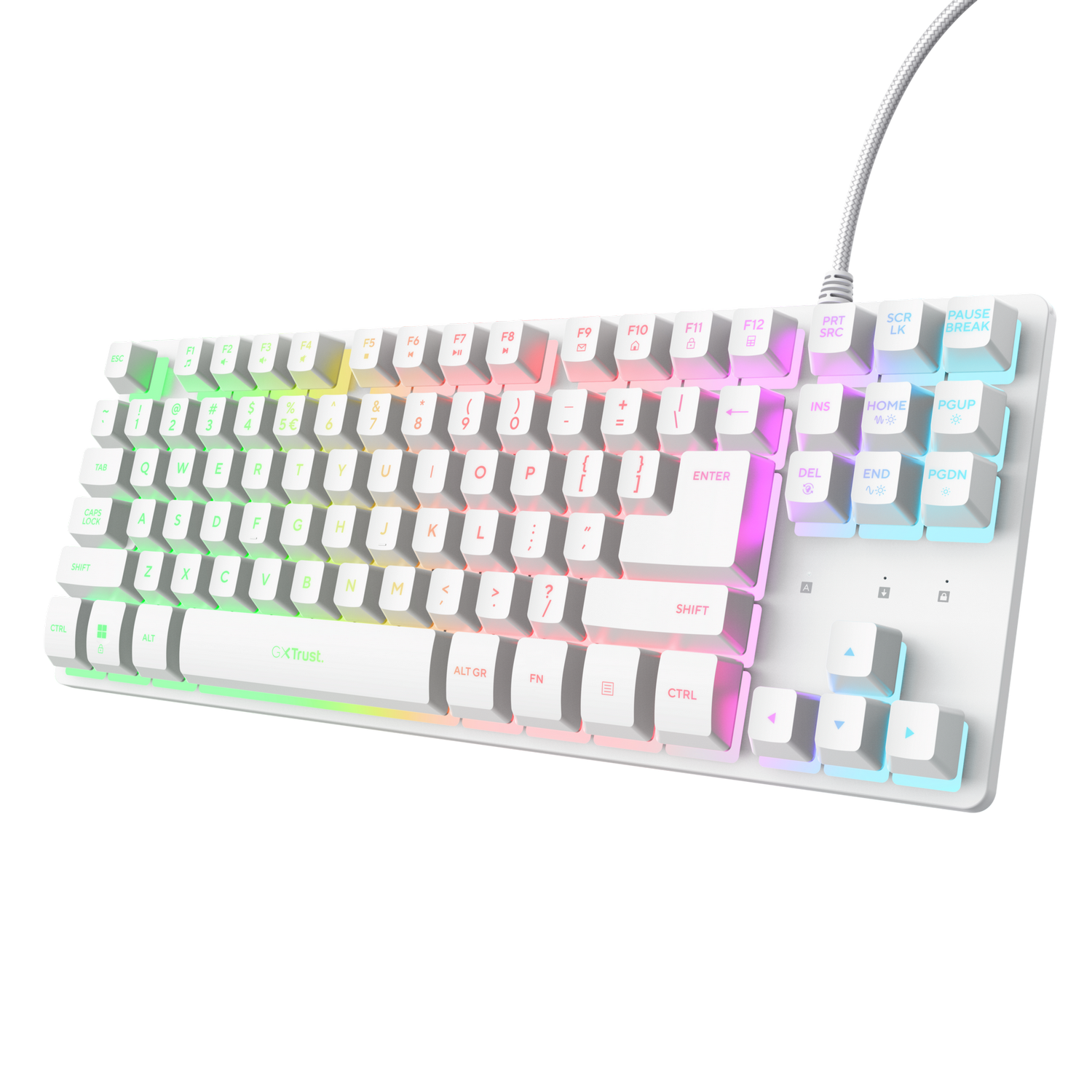 Teclado mecánico blanco con teclas retroiluminadas de colores. Las teclas están etiquetadas con letras, números y símbolos.